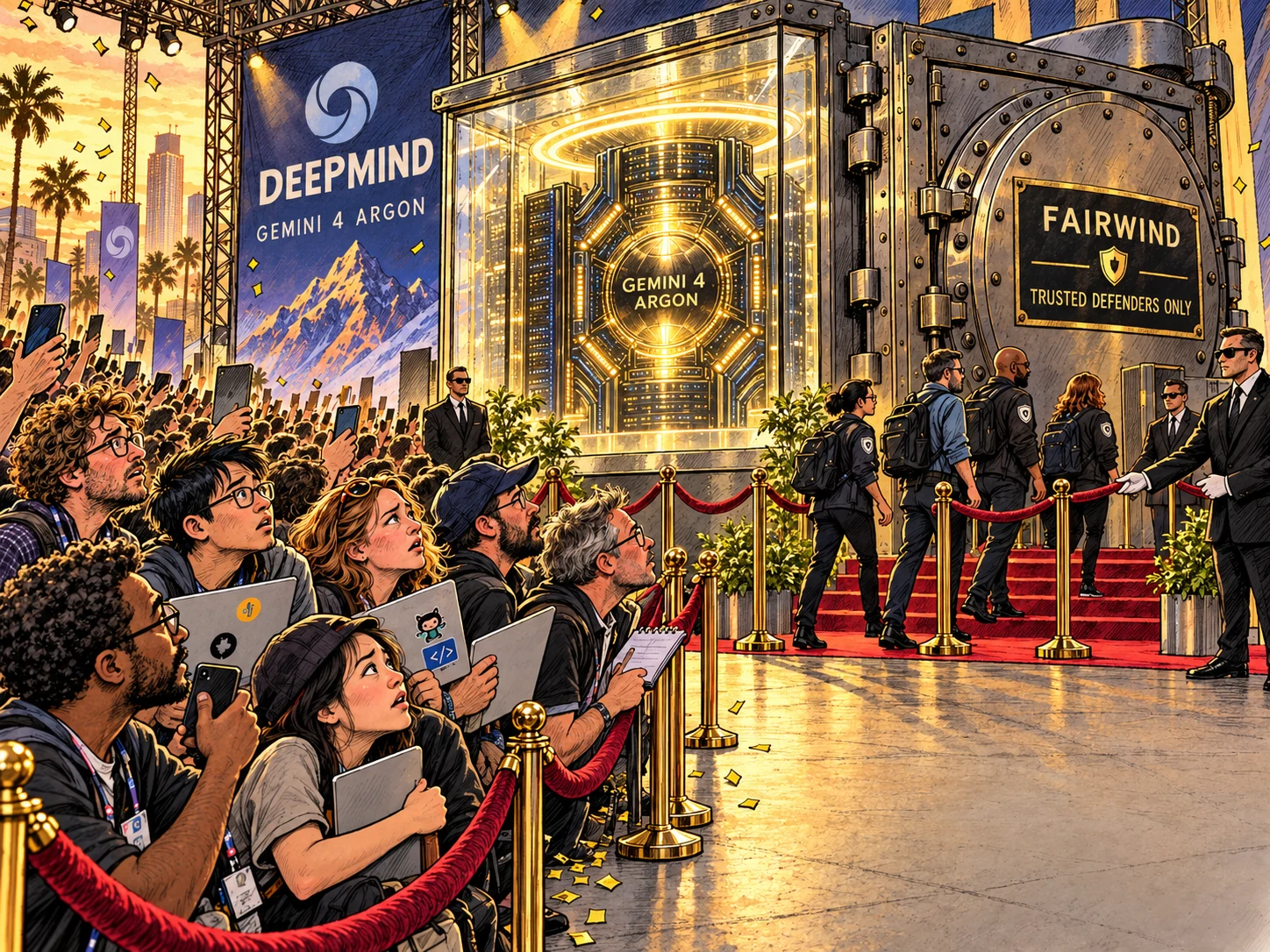 Satirical cartoon: a glowing GEMINI 4 ARGON core locked inside a bank vault with a FAIRWIND — TRUSTED DEFENDERS ONLY plaque, while a crowd of developers with laptops presses against a red velvet rope, locked out.