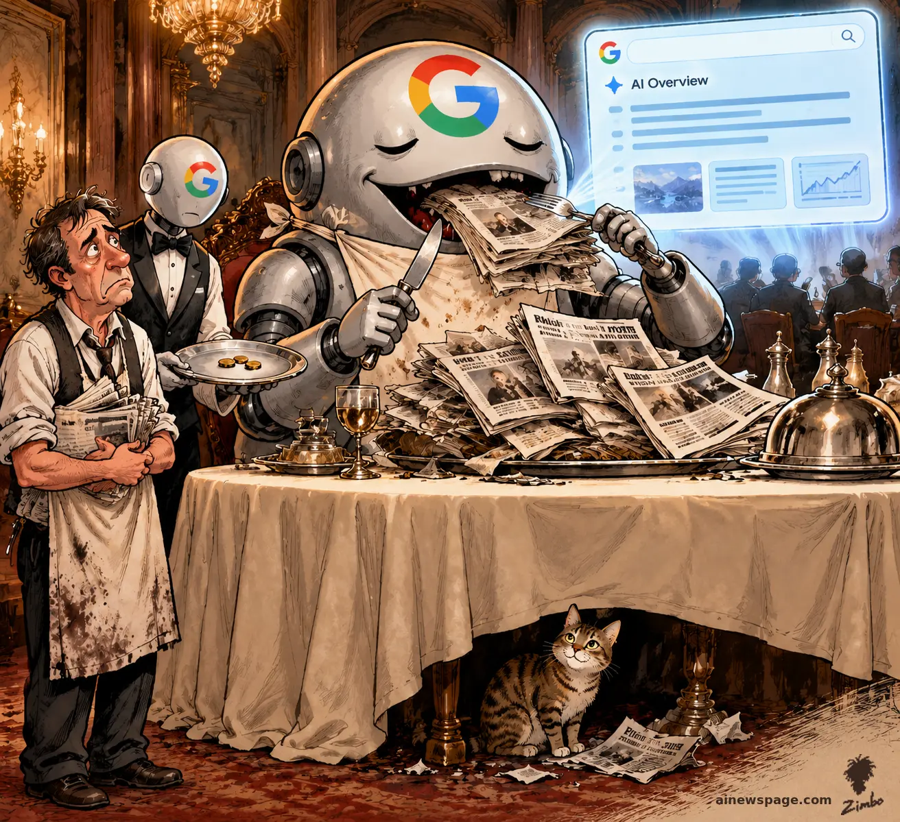 AI cartoon by Zimbo: Satirical cartoon: a giant Google robot gorges on whole newspapers at a banquet table while a mechanical waiter presents three copper coins to an exhausted publisher; Issue the tabby cat sits under the table, knowing.