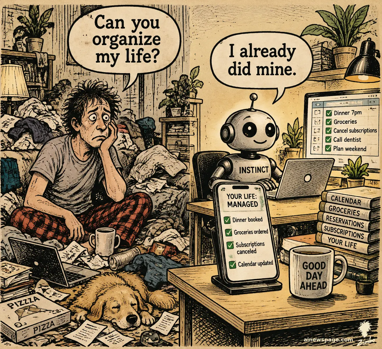 AI cartoon by Zimbo: Satirical cartoon: a frazzled human drowning in clutter asks 'Can you organize my life?' while a tidy Instinct robot at an immaculate desk, phone and laptop in hand, replies 'I already did mine.'