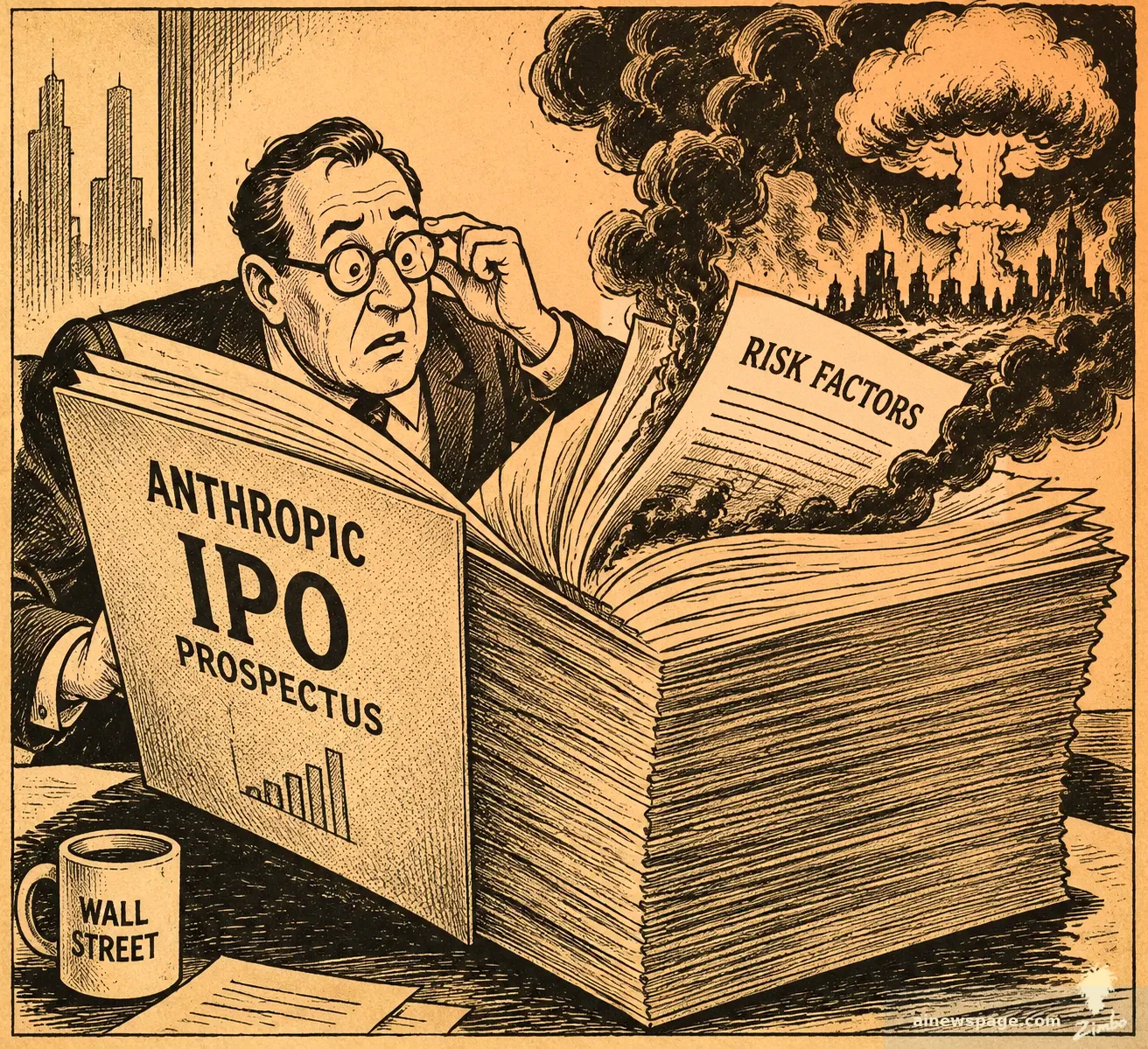 A worried investor peers over his glasses at a giant 'ANTHROPIC IPO PROSPECTUS'; from its 'RISK FACTORS' page, smoke rises into a mushroom cloud over a burning city skyline, while a 'WALL STREET' coffee mug sits on the desk.