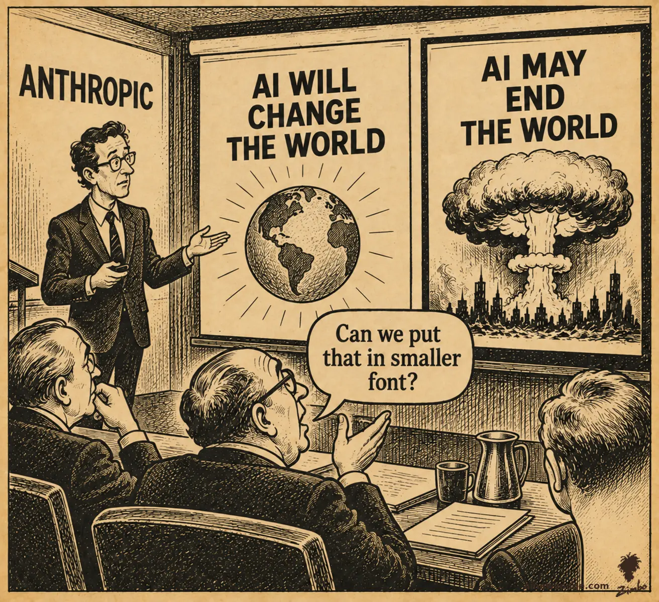 An Anthropic presenter stands beside two IPO roadshow slides reading 'AI WILL CHANGE THE WORLD' and 'AI MAY END THE WORLD' (the latter over a mushroom cloud), while an investor in the audience asks 'Can we put that in smaller font?'.