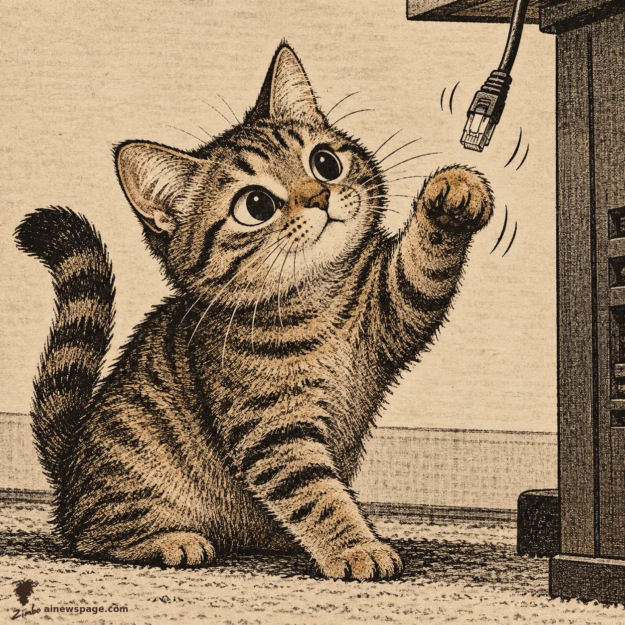 AI cartoon by Zimbo: Issue, a small brown mackerel tabby, rears up with one paw raised mid-swat at a dangling ethernet cable plugged into a dark server rack; motion lines trail the swinging plug. Warm sepia ink on cream paper, wordless.