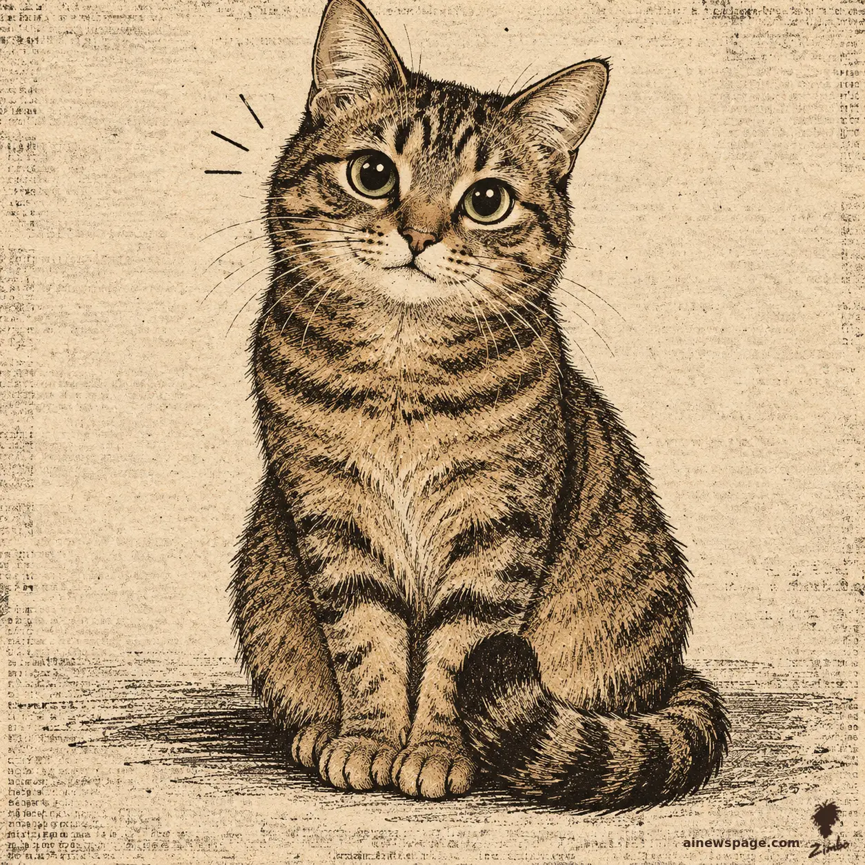 AI cartoon by Zimbo: Issue, a small brown mackerel tabby cat, sits upright facing the viewer with her striped tail curled neatly around her paws, gazing out with huge knowing green eyes. Warm sepia ink on plain cream paper, wordless.