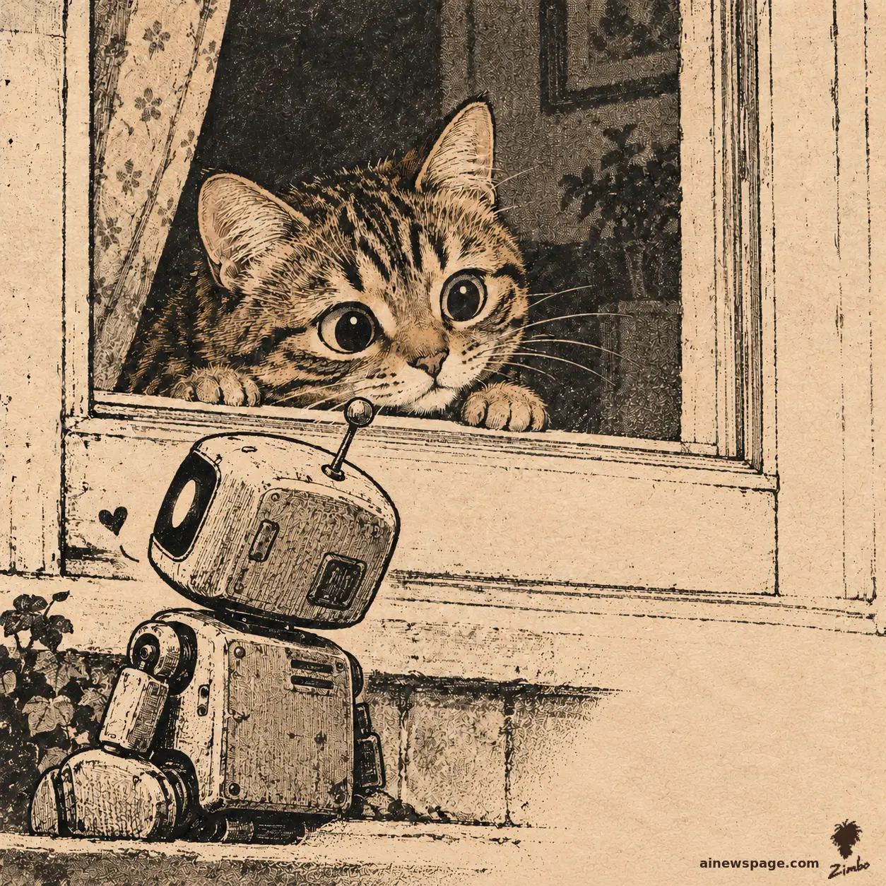 AI cartoon by Zimbo: Satirical cartoon: Issue, a small cute brown mackerel tabby with huge eyes, peers over a windowsill at a small retro robot; a tiny heart doodle floats between them.