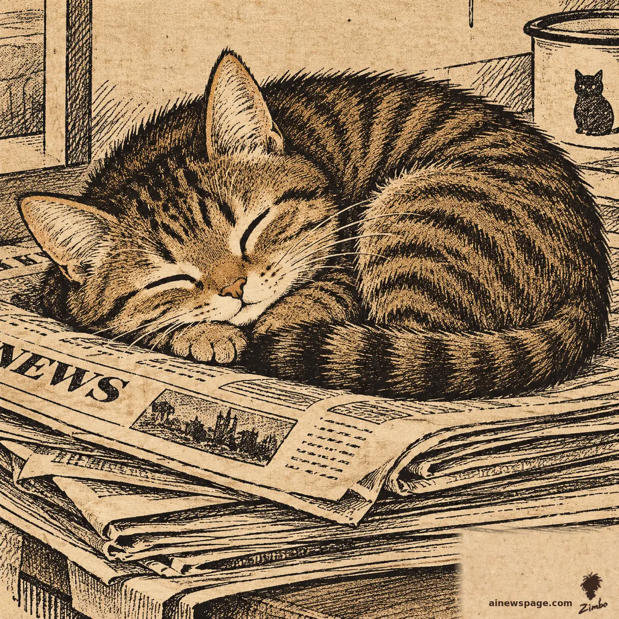 AI cartoon by Zimbo: Satirical cartoon: Issue, a small cute brown mackerel tabby cat, curled up asleep on a stack of newspapers; the front page reads NEWS; a mug with a cat silhouette sits behind her.