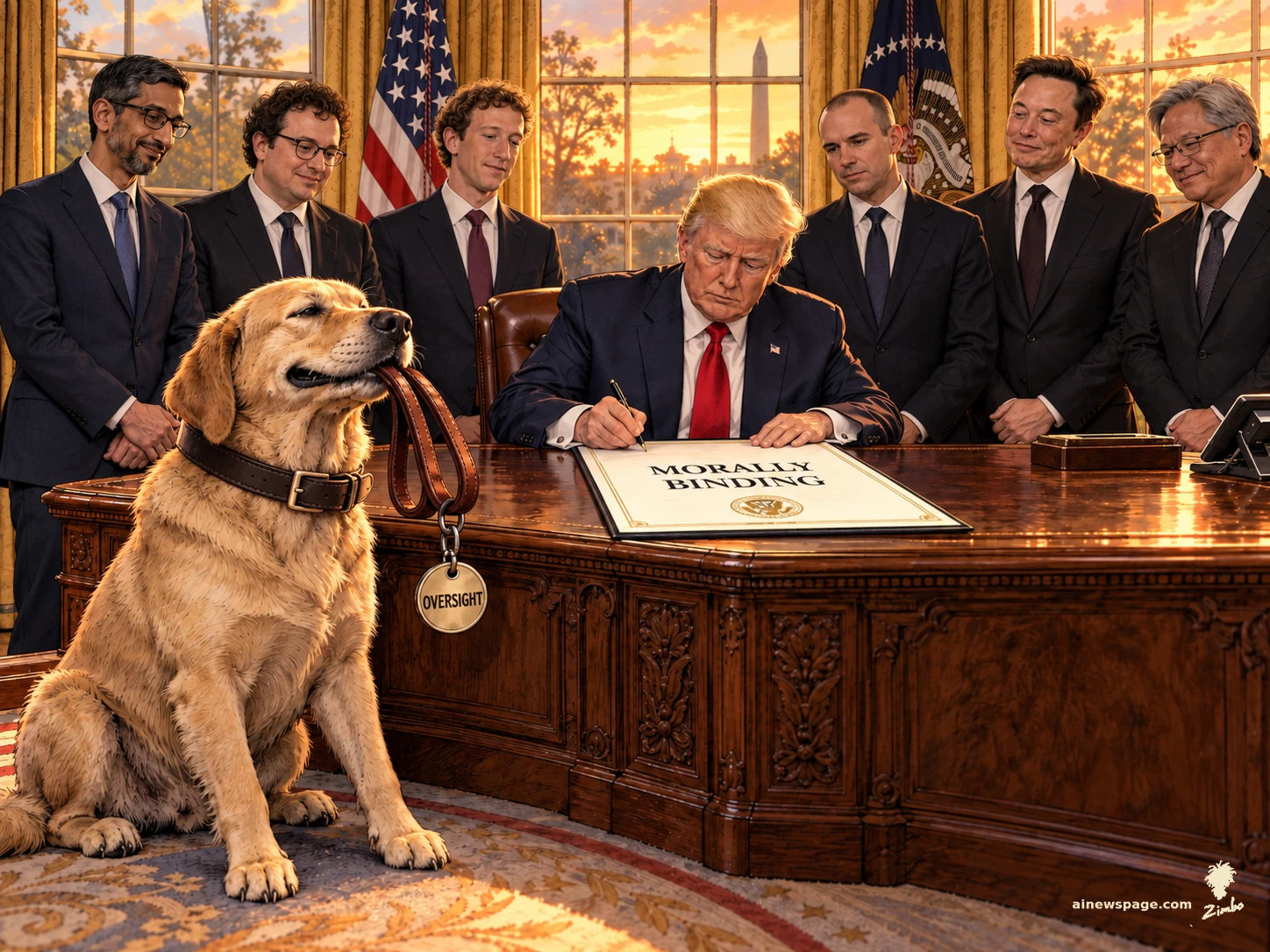 AI cartoon by Zimbo: Satirical cartoon: Trump signs a document reading MORALLY BINDING while six tech CEOs watch; in the foreground a golden retriever holds its own leash in its mouth, its tag reading OVERSIGHT.