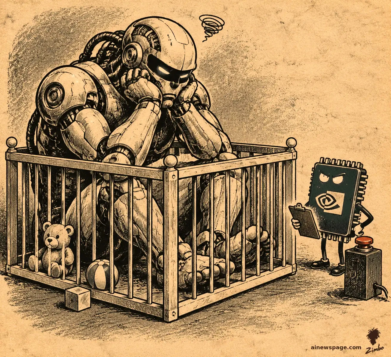 A giant sulking robot sits inside a child's playpen with a teddy bear and a ball while a small stern NVIDIA chip character holding a clipboard stands guard beside a big red button.