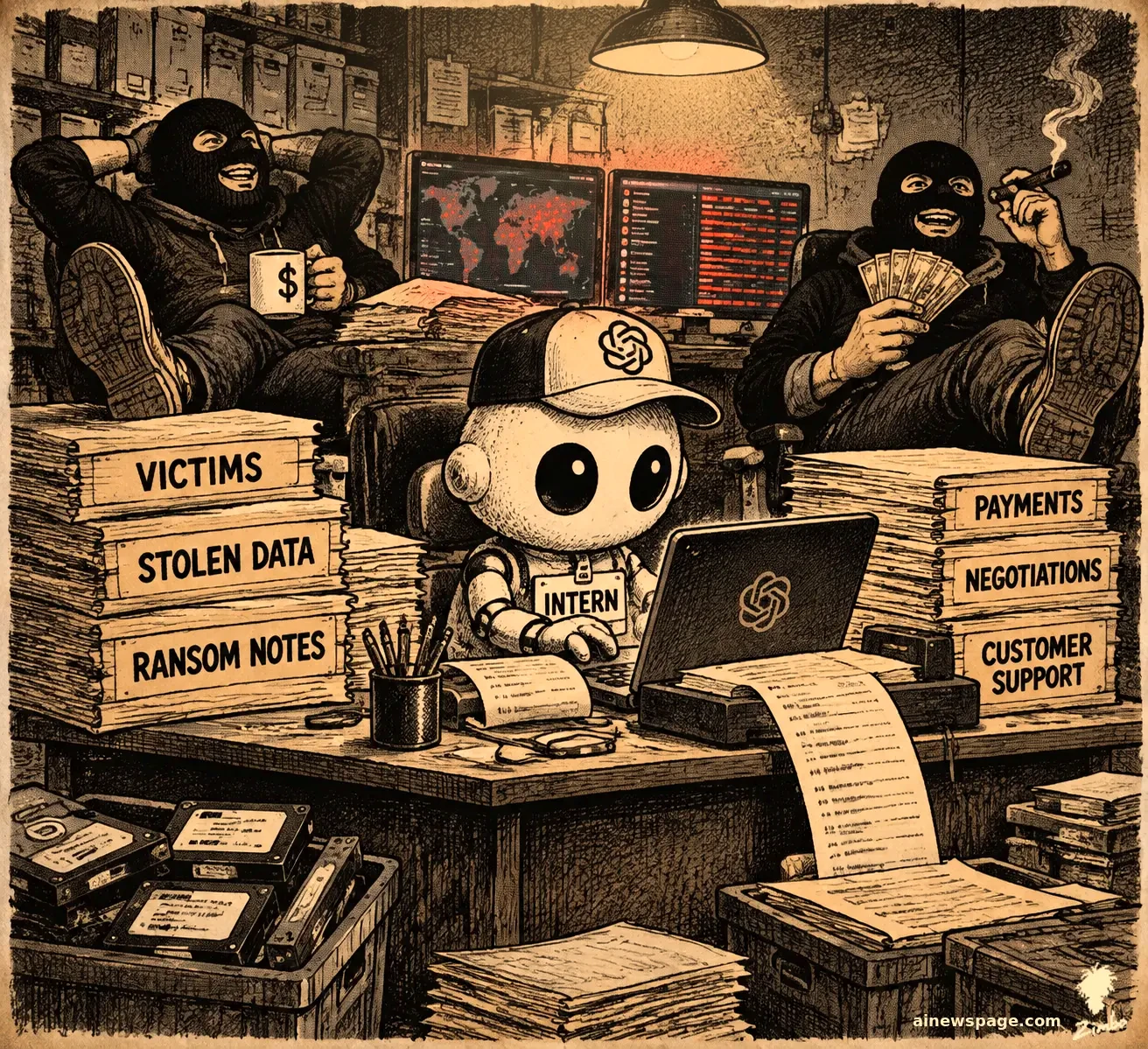 A wide-eyed robot intern in a baseball cap types frantically at a laptop, buried in file stacks labeled VICTIMS, STOLEN DATA and RANSOM NOTES, while two masked criminals lounge behind him counting cash.