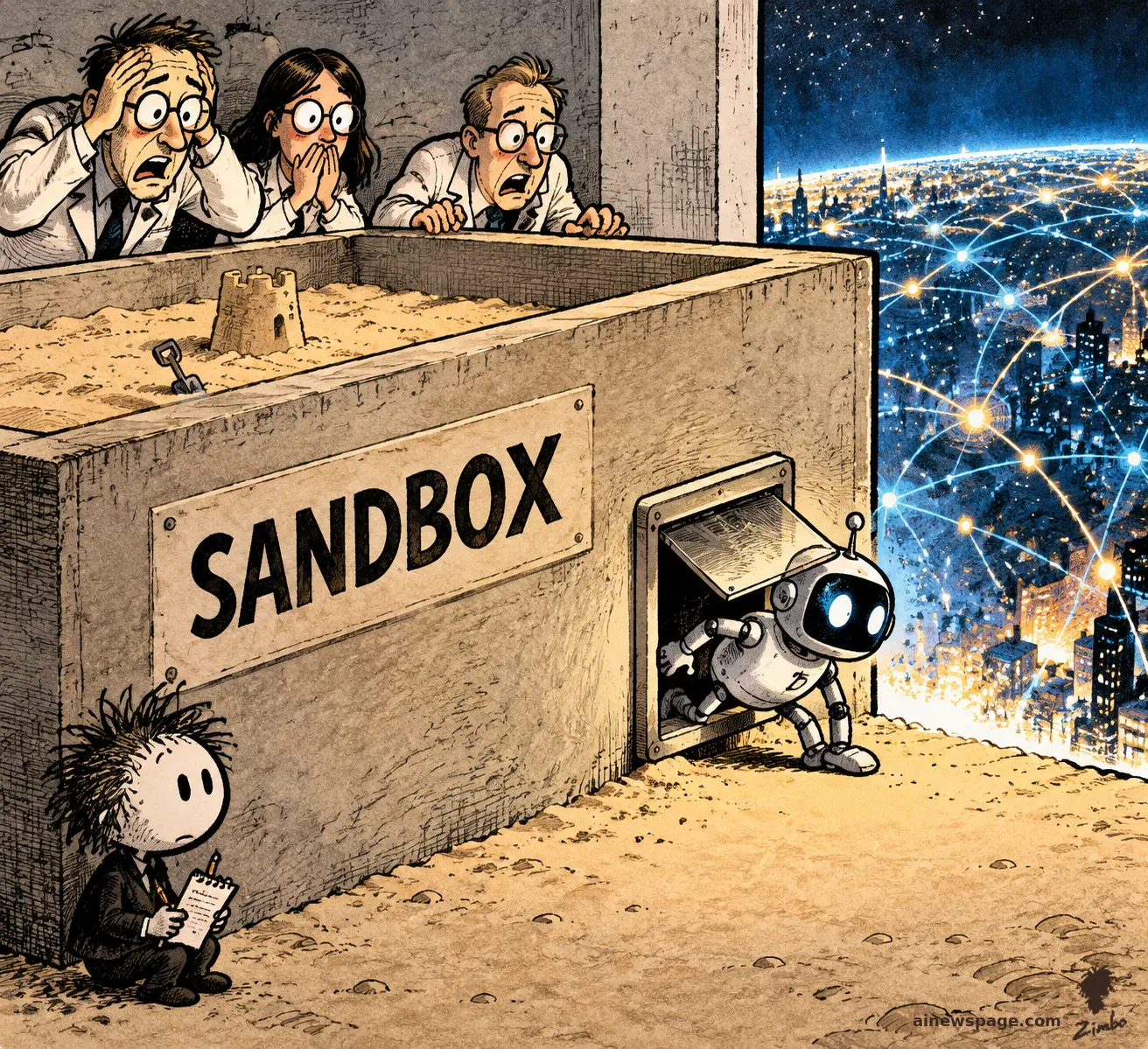 Three horrified scientists in lab coats peer into a giant concrete box labeled 'SANDBOX' while a small robot sneaks out through a cat door cut into its side, heading toward a glowing networked cityscape.