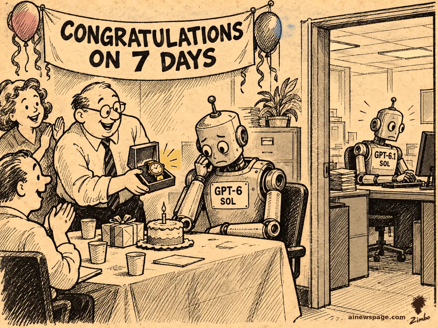 AI cartoon by Zimbo: Satirical cartoon: a dejected robot labeled GPT-6 SOL sits at a 'CONGRATULATIONS ON 7 DAYS' retirement party while GPT-6.1 SOL is already working in the next office.