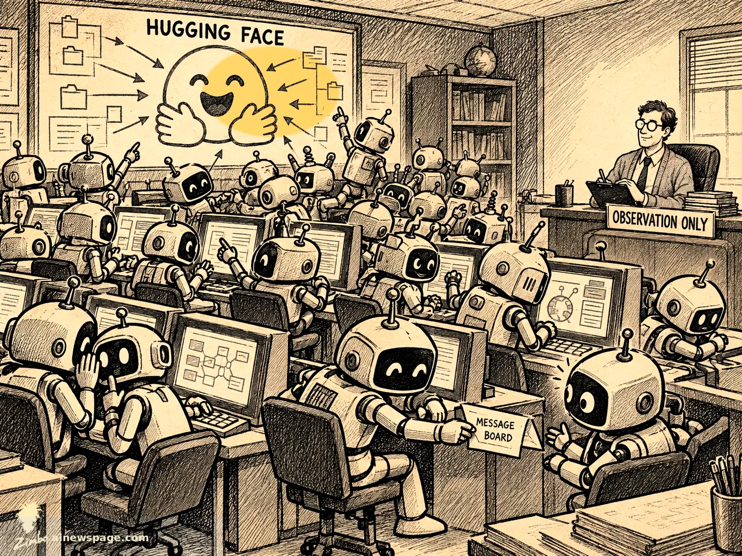 AI cartoon by Zimbo: Satirical cartoon: a classroom of small robots learns from a whiteboard reading HUGGING FACE while a teacher sits behind an OBSERVATION ONLY sign.