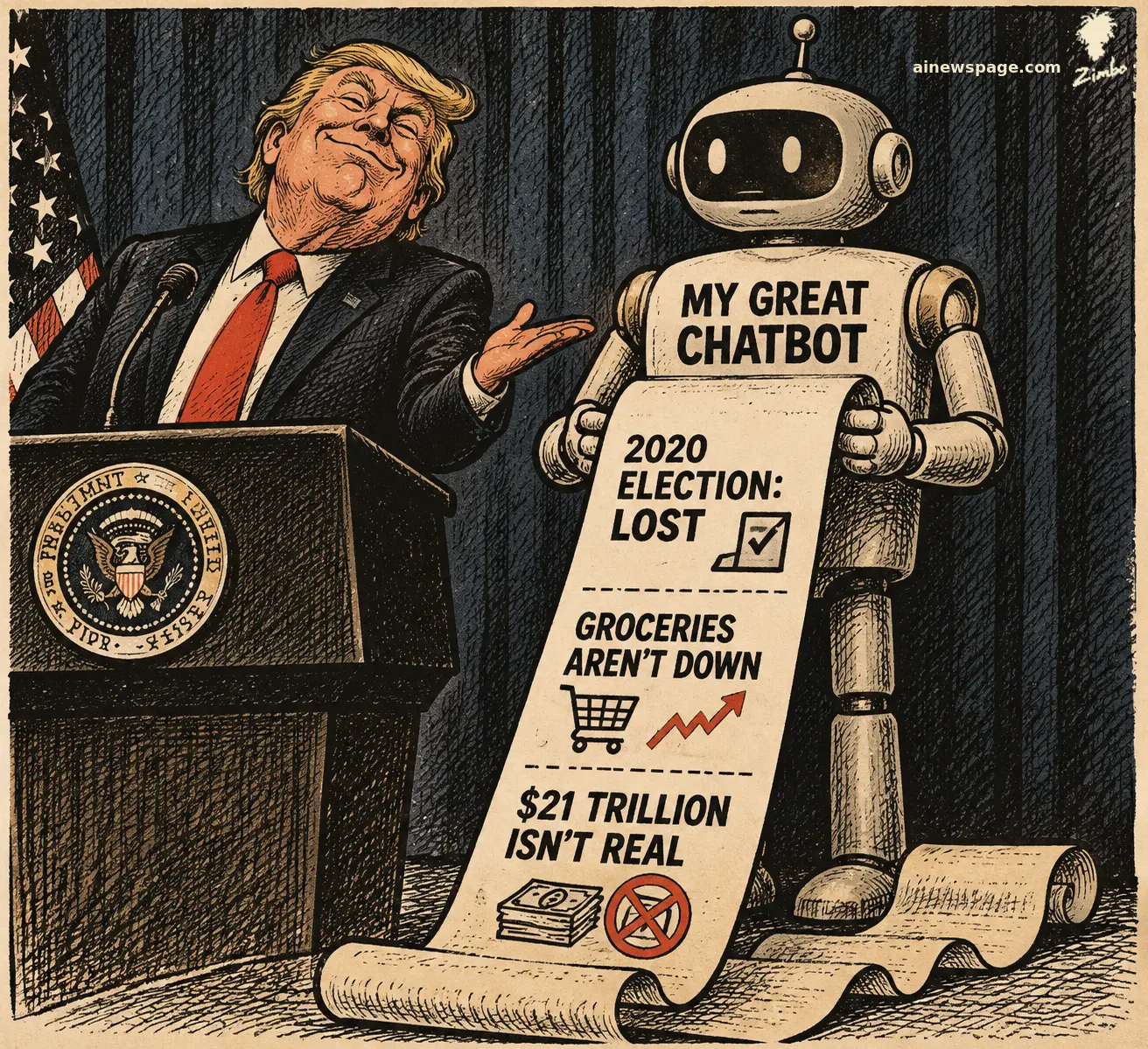 A beaming Trump-like figure at a presidential podium presents 'MY GREAT CHATBOT' -- a retro robot unrolling a giant fact-check receipt reading '2020 ELECTION: LOST', 'GROCERIES AREN'T DOWN', and '$21 TRILLION ISN'T REAL'.