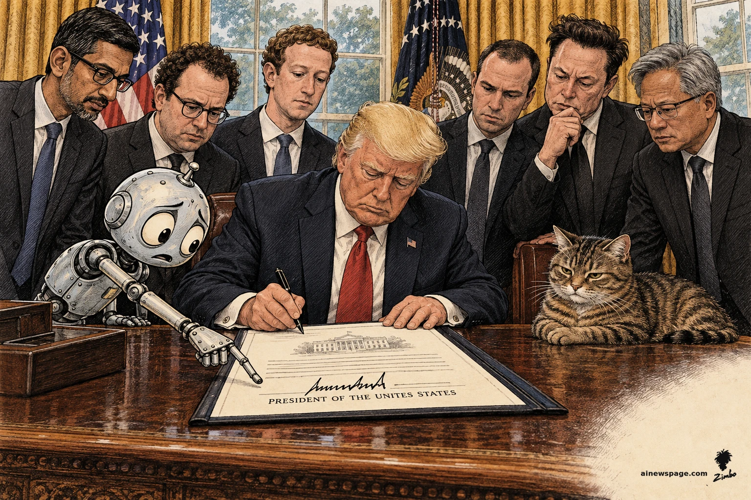 AI cartoon by Zimbo: Satirical cartoon: Trump signs a document reading PRESIDENT OF THE UNITES STATES at the Resolute desk while six tech CEOs look on; Merv the worried robot points at the typo and Issue the tabby cat watches, unimpressed.