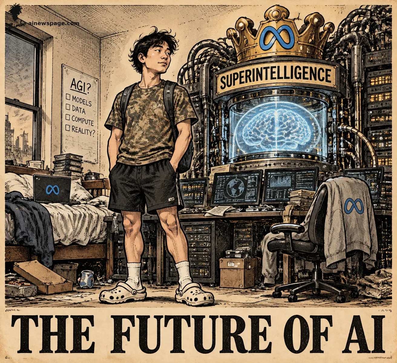 A young man in a camo t-shirt, black shorts and white Crocs stands beside a giant crowned machine labeled SUPERINTELLIGENCE with a glowing brain in a glass chamber; behind him a messy desk, an AGI? checklist, and a THE FUTURE OF AI banner.