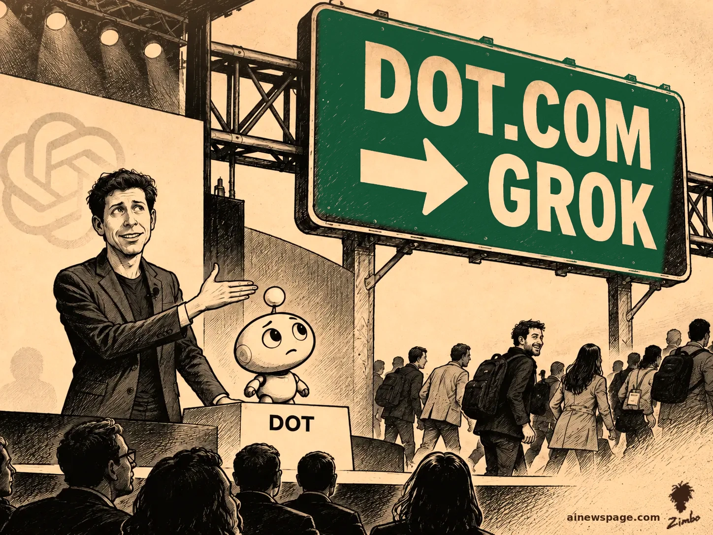 AI cartoon by Zimbo: Satirical cartoon: a presenter unveils a small robot labeled DOT on a stage while the audience streams away toward a giant highway sign reading DOT.COM GROK.