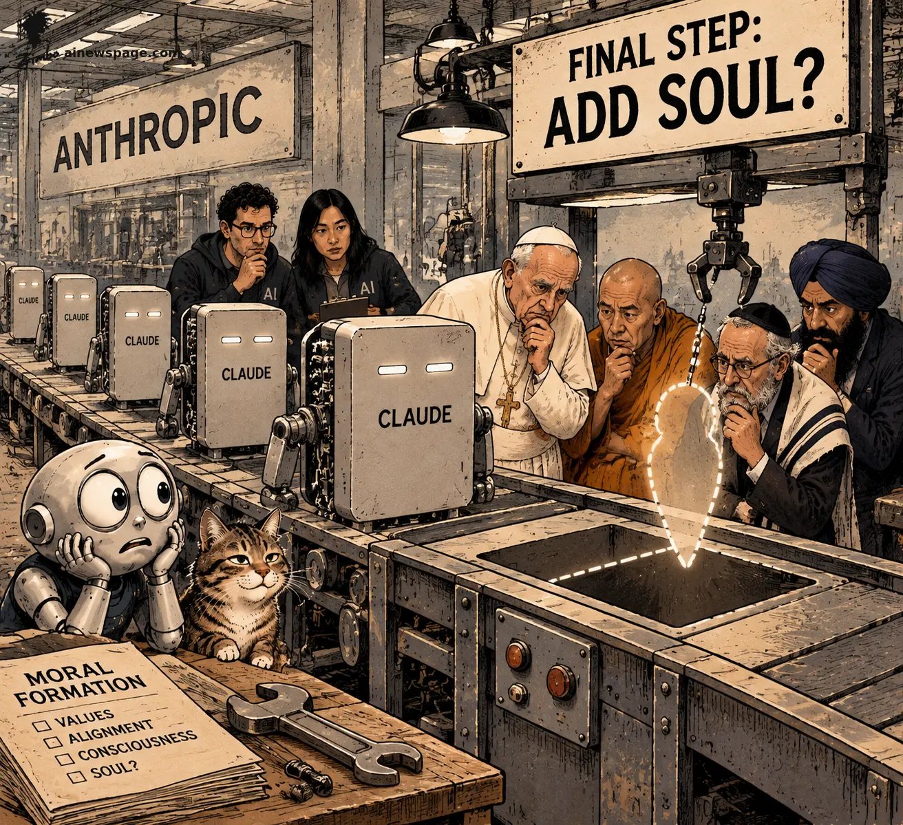 AI cartoon by Zimbo: Satirical cartoon: a factory line of CLAUDE units under a 'FINAL STEP: ADD SOUL?' sign as a pontiff, monk, rabbi and Sikh scholar watch a glowing soul lowered into a chassis; Merv frets, Issue the tabby knows.