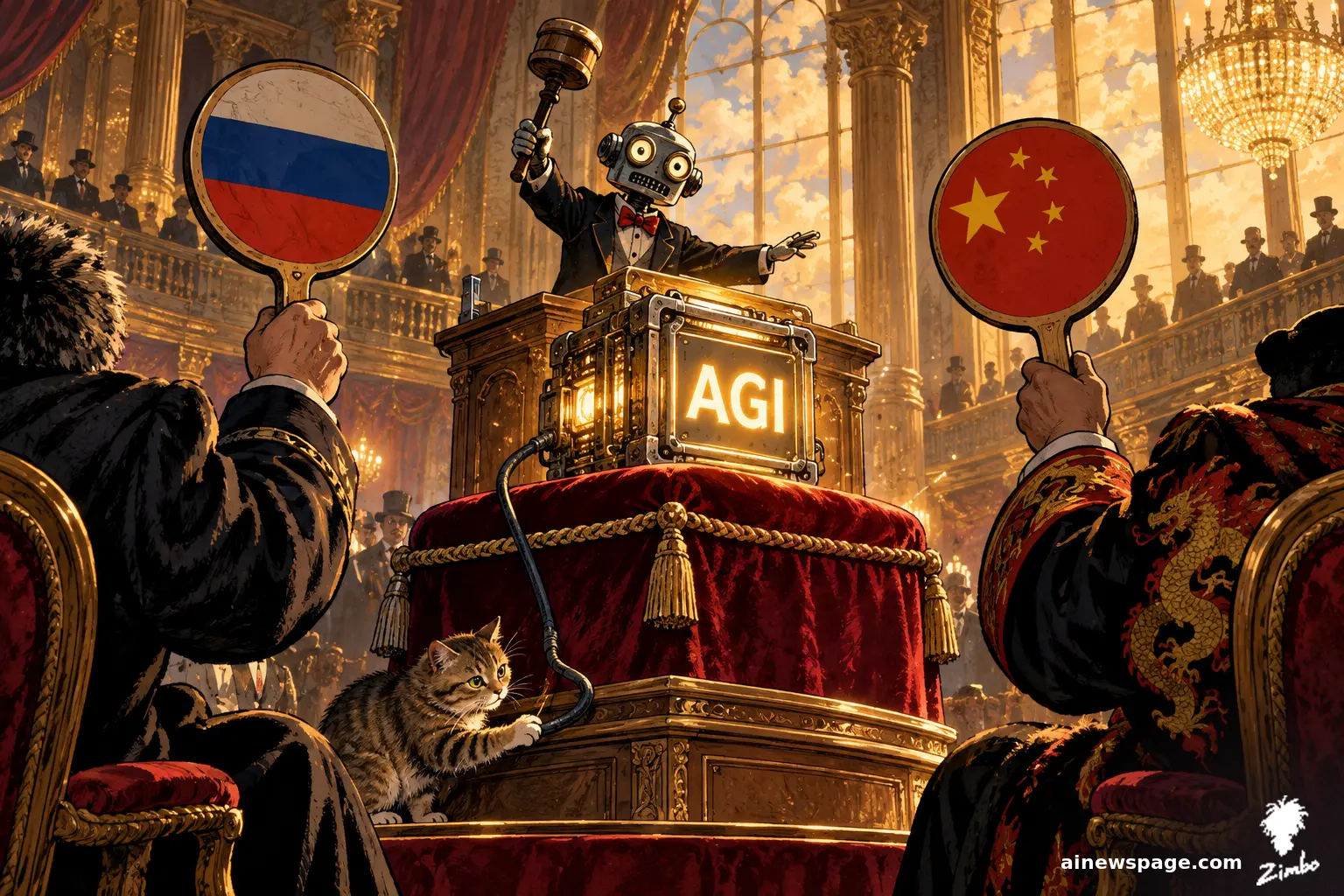 AI cartoon by Zimbo: Satirical cartoon: a robot auctioneer presents a tiny glowing AGI machine on a velvet pedestal to two bidders hidden behind Russian and Chinese flag paddles, while a tabby cat bats at the machine's exposed power cord. Depicts the reported 2017 plot as a plot.
