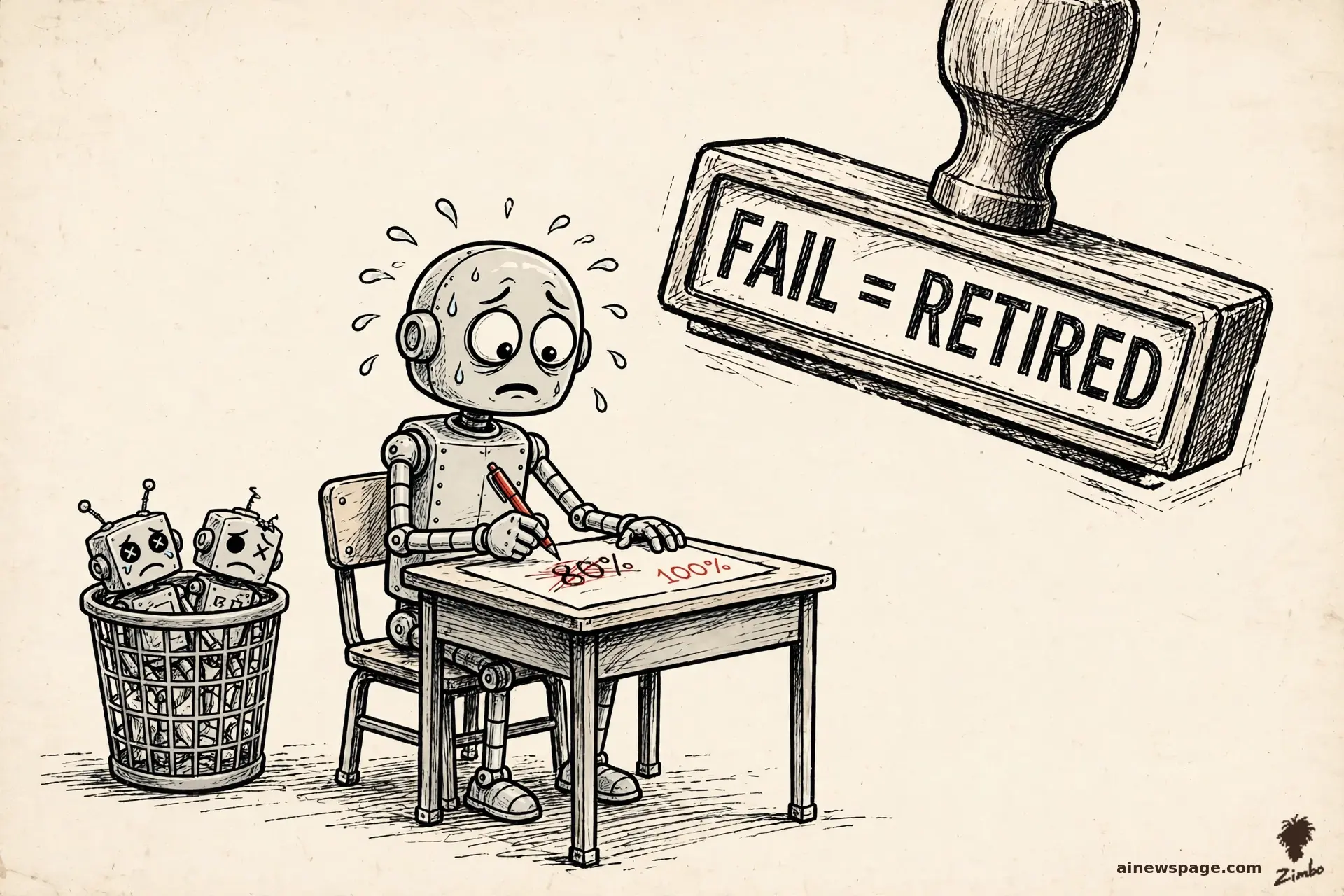 AI cartoon by Zimbo: A robot proudly holds up a test scored 100% while a torn answer sheet behind it shows the honest maximum was 80%; the pass mark looms above.
