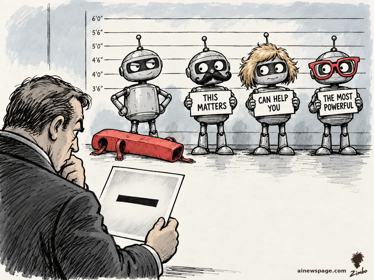 Satirical cartoon: a police lineup of four retro robots holding placards reading THIS MATTERS, CAN HELP YOU, and THE MOST POWERFUL, while a detective studies a photo of an em dash, oblivious — a discarded red em-dash costume lies on the floor.