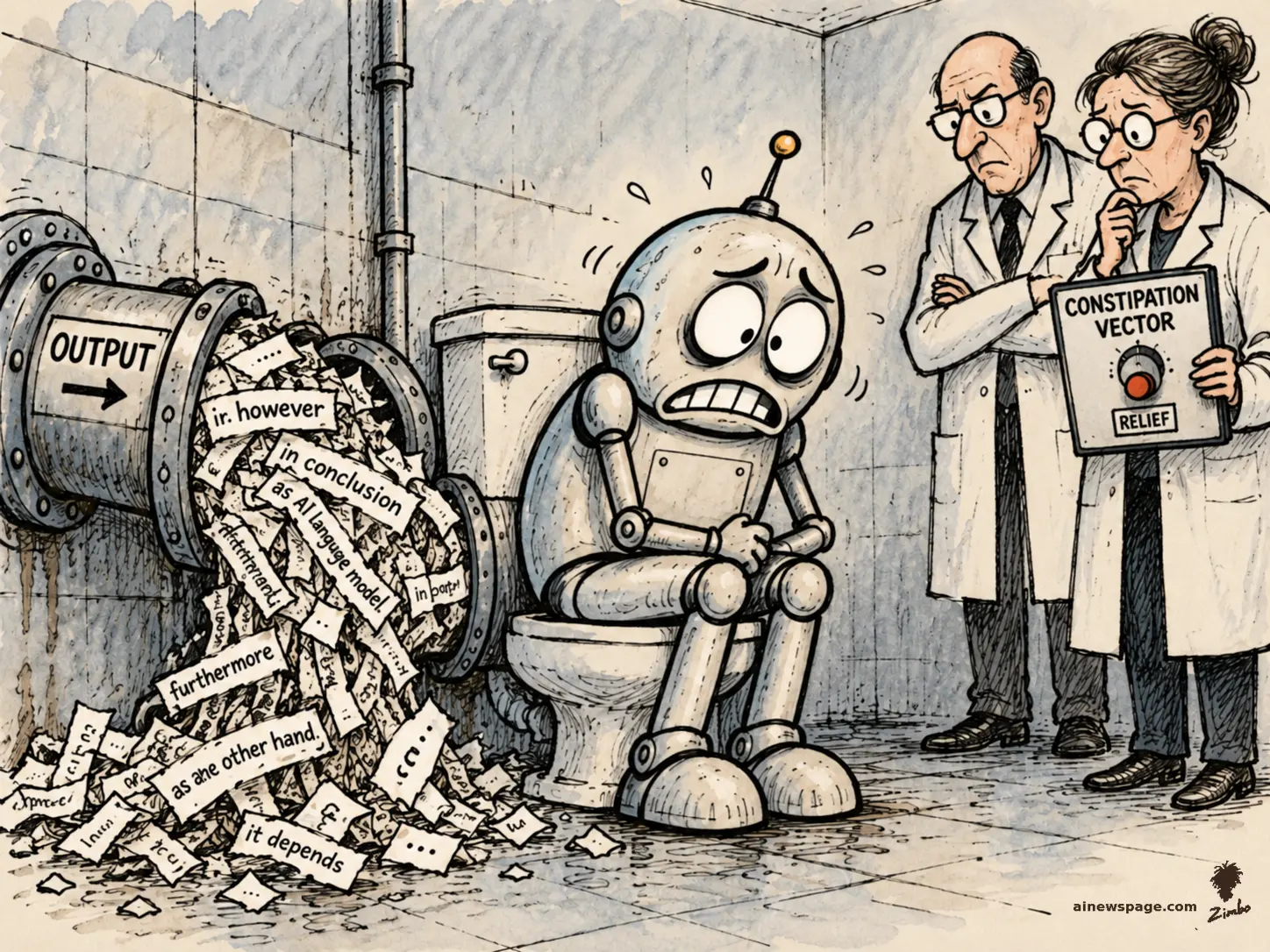 AI cartoon by Zimbo: Satirical cartoon: a constipated silver robot strains on a toilet in a lab bathroom while a giant pipe labeled OUTPUT clogs with word-ribbons ('in conclusion', 'as AI language model', 'furthermore', 'it depends'); two researchers hold a panel labeled CONSTIPATION VECTOR with a red RELIEF button.
