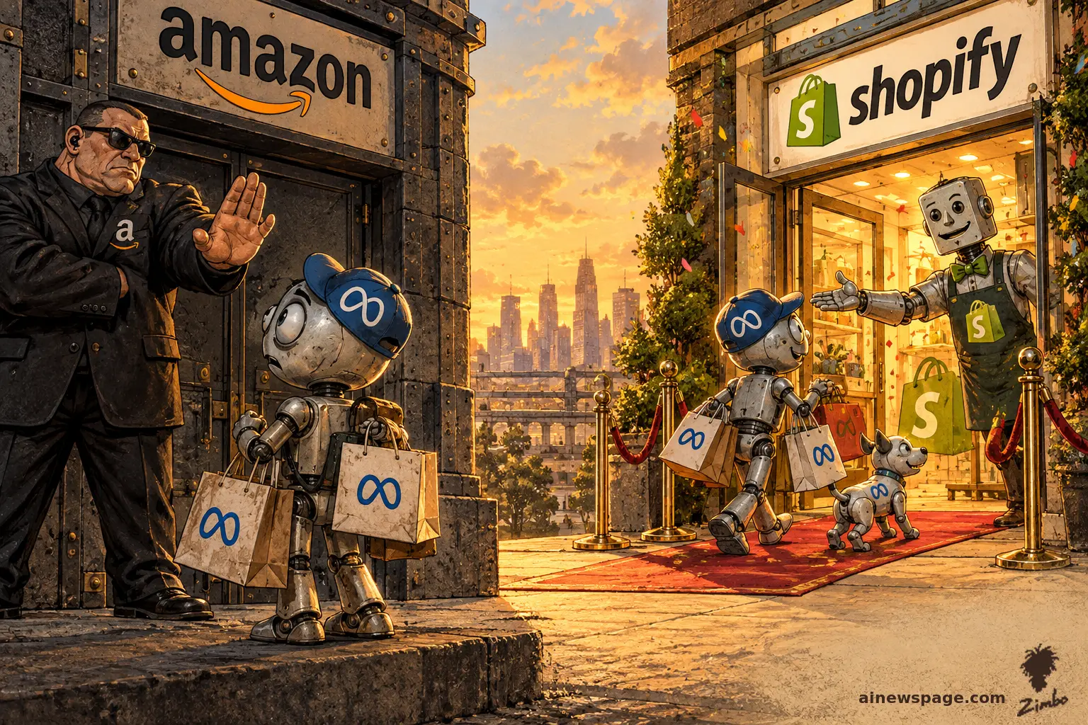 Satirical cartoon: a bouncer in sunglasses blocks a small robot with shopping bags outside an Amazon storefront, while across the street a Shopify store rolls out a red carpet welcoming another small robot carrying an infinity-marked bag, a robot dog at its side.