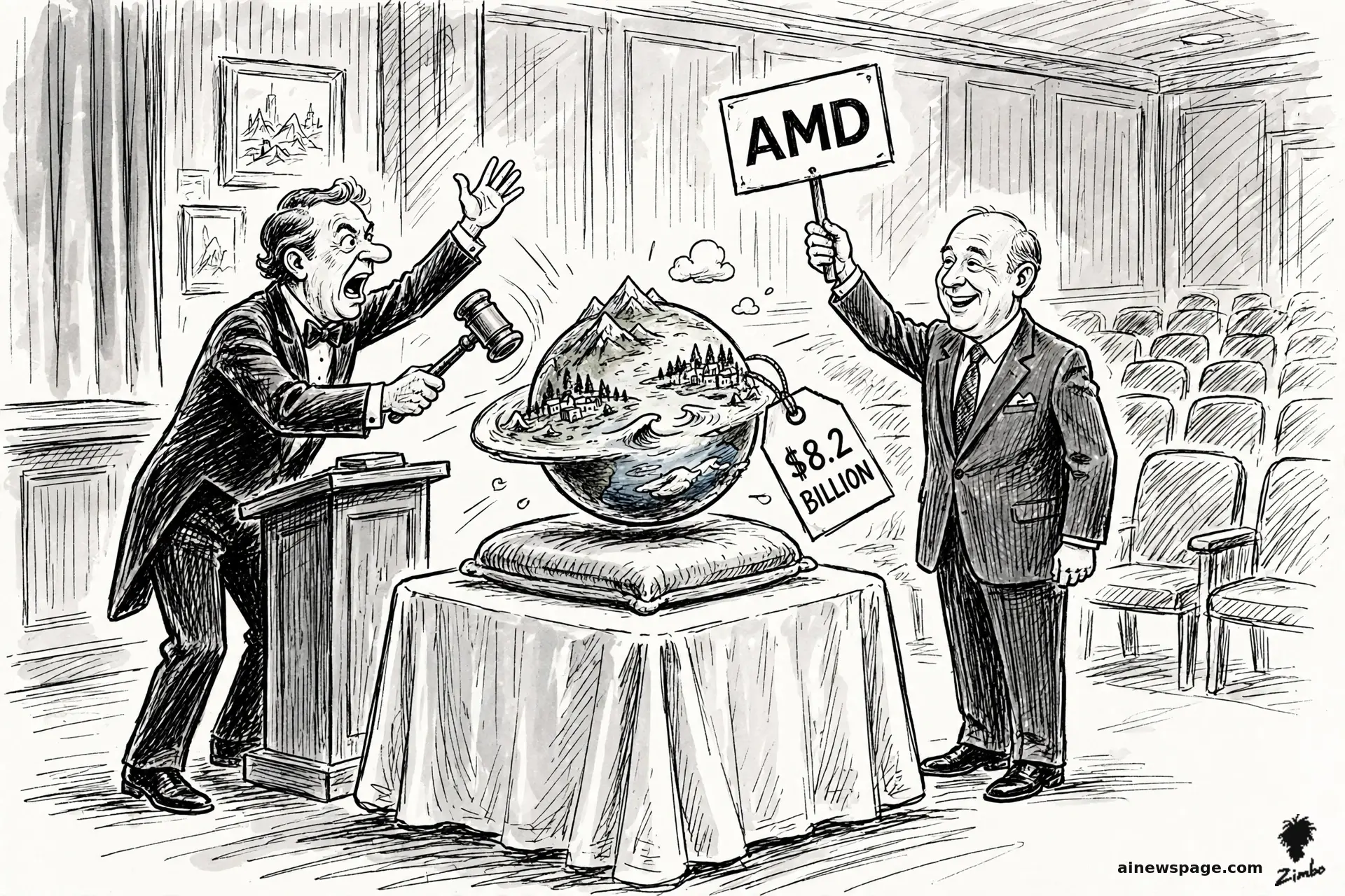 AI cartoon by Zimbo: Satirical cartoon: at an auction house, a miniature planet with tiny cities, mountains and oceans sits on the auction block. An auctioneer brings down his gavel while a delighted executive holds up an AMD bidding paddle. A giant $8.2 BILLION price tag hangs from the planet.
