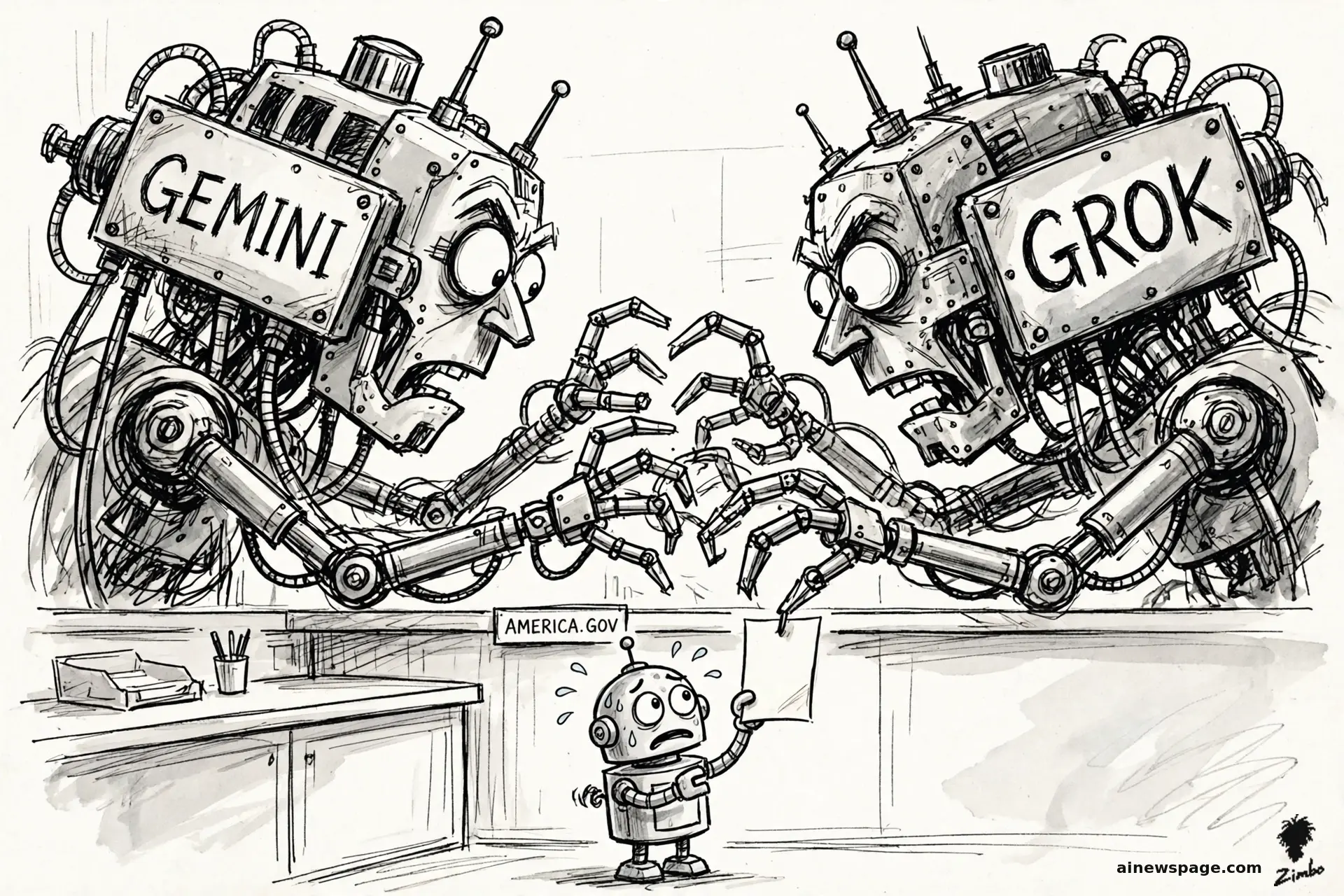 AI cartoon by Zimbo: Satirical cartoon: two enormous mechanical heads labeled GEMINI and GROK lunge with tangled arms over a single government counter, both grabbing for one paper form. A small worried robot citizen sweats beneath them, holding the form. A counter sign reads AMERICA.GOV.