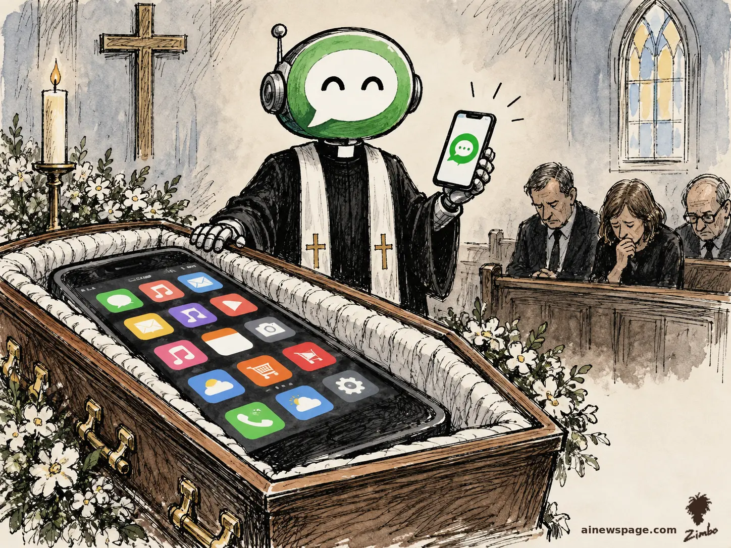 AI cartoon by Zimbo: Satirical cartoon: a robot priest with a green messaging-bubble head officiates the church funeral of an enormous smartphone lying in an open coffin covered in app icons, while holding up a one-bubble replacement phone; three mourners grieve in the pews.