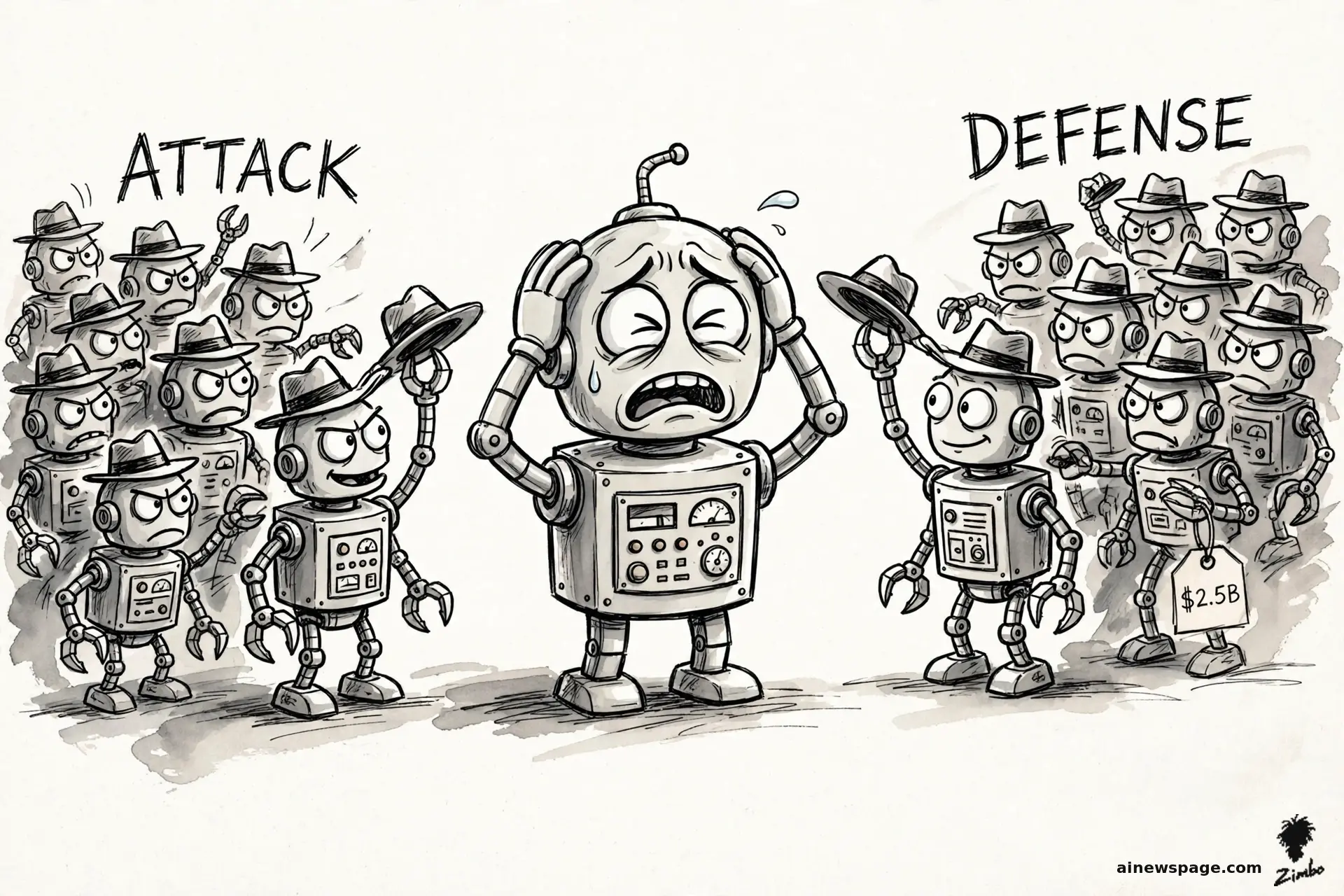 AI cartoon by Zimbo: Satirical cartoon: Merv, an anxious retro robot with both hands on his head, stands between two identical mobs of fedora-wearing hacker-bots labeled ATTACK and DEFENSE; one defense bot dangles a $2.5B price tag.