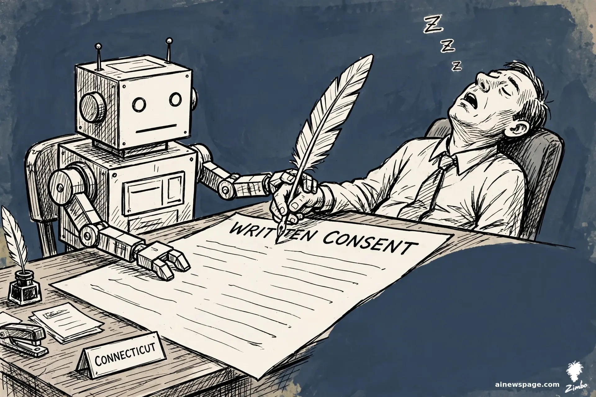 AI cartoon by Zimbo: Satirical cartoon: a blank-faced boxy robot politely guides the limp hand of a snoring man to sign a giant WRITTEN CONSENT form with an oversized quill at a desk with a CONNECTICUT sign.