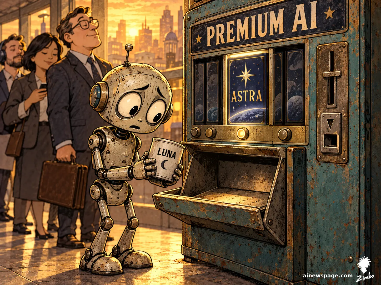 AI cartoon by Zimbo: Merv the worried robot holds a plain tin can labeled LUNA before a gleaming PREMIUM AI vending machine with the ASTRA button lit, while oblivious humans queue behind him.