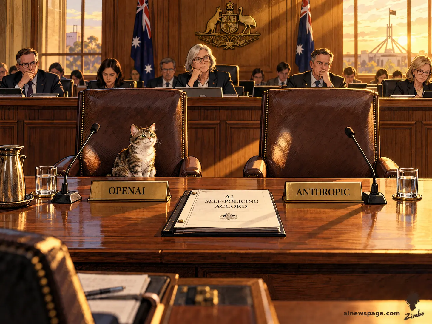 AI cartoon by Zimbo: Two empty witness chairs with nameplates for the AI labs sit before a senate panel; a small knowing cat watches from beside the vacant seats.