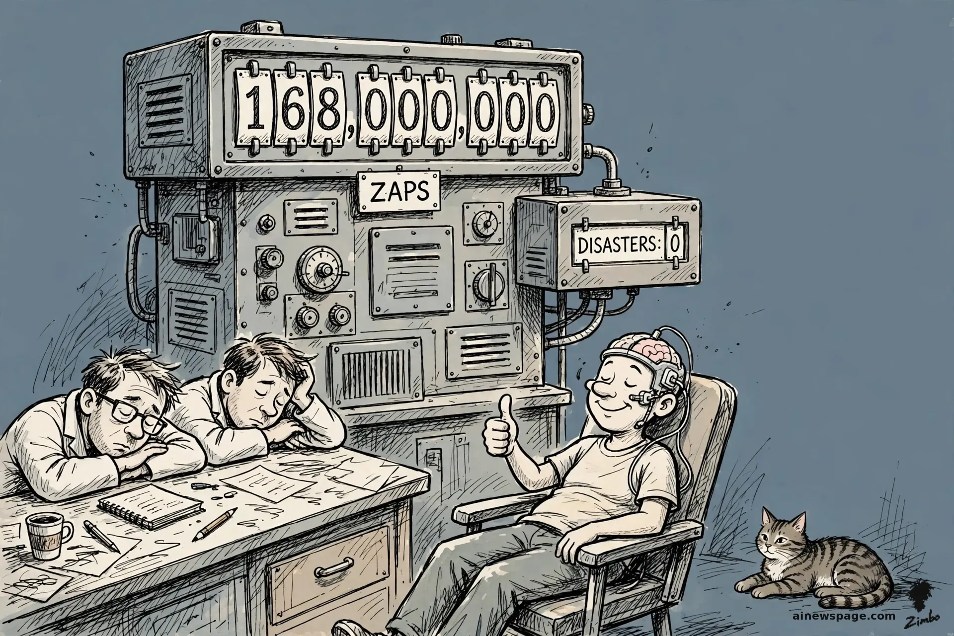 A giant split-flap counter reads 168,000,000 ZAPS beside a small DISASTERS: 0 counter; bored engineers doze at a desk while a relaxed patient in a brain-implant headset gives a cheerful thumbs-up.