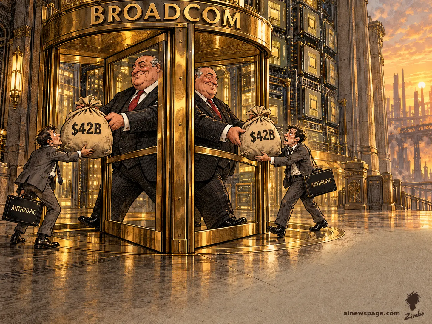 AI cartoon by Zimbo: Satirical cartoon: at a grand bank entrance, a giant executive hands a $42B money sack to a small exhausted executive through a revolving door — and takes the same sack straight back on the other side as chip rent.