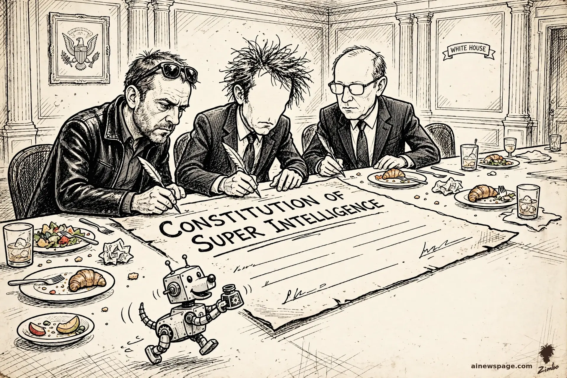 AI cartoon by Zimbo: Tech billionaires in suits sign a one-page document with quill pens at a lunch table; the header reads MORALLY BINDING.