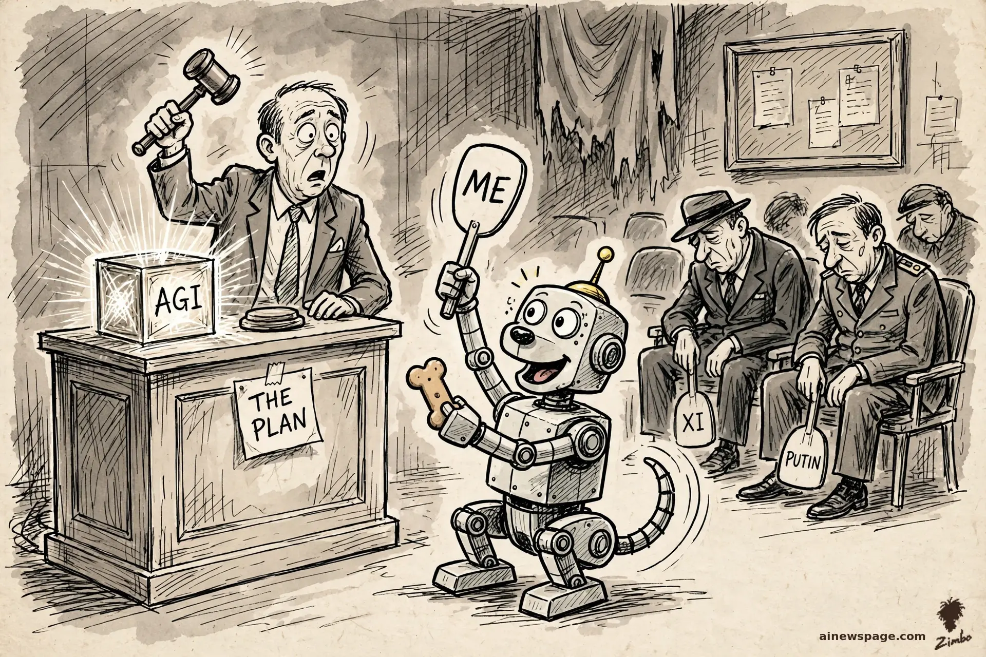 AI cartoon by Zimbo: Buddy the robot dog raises a paw to bid at an AGI auction, offering a biscuit; the auctioneer stares — the AGI bid on itself.