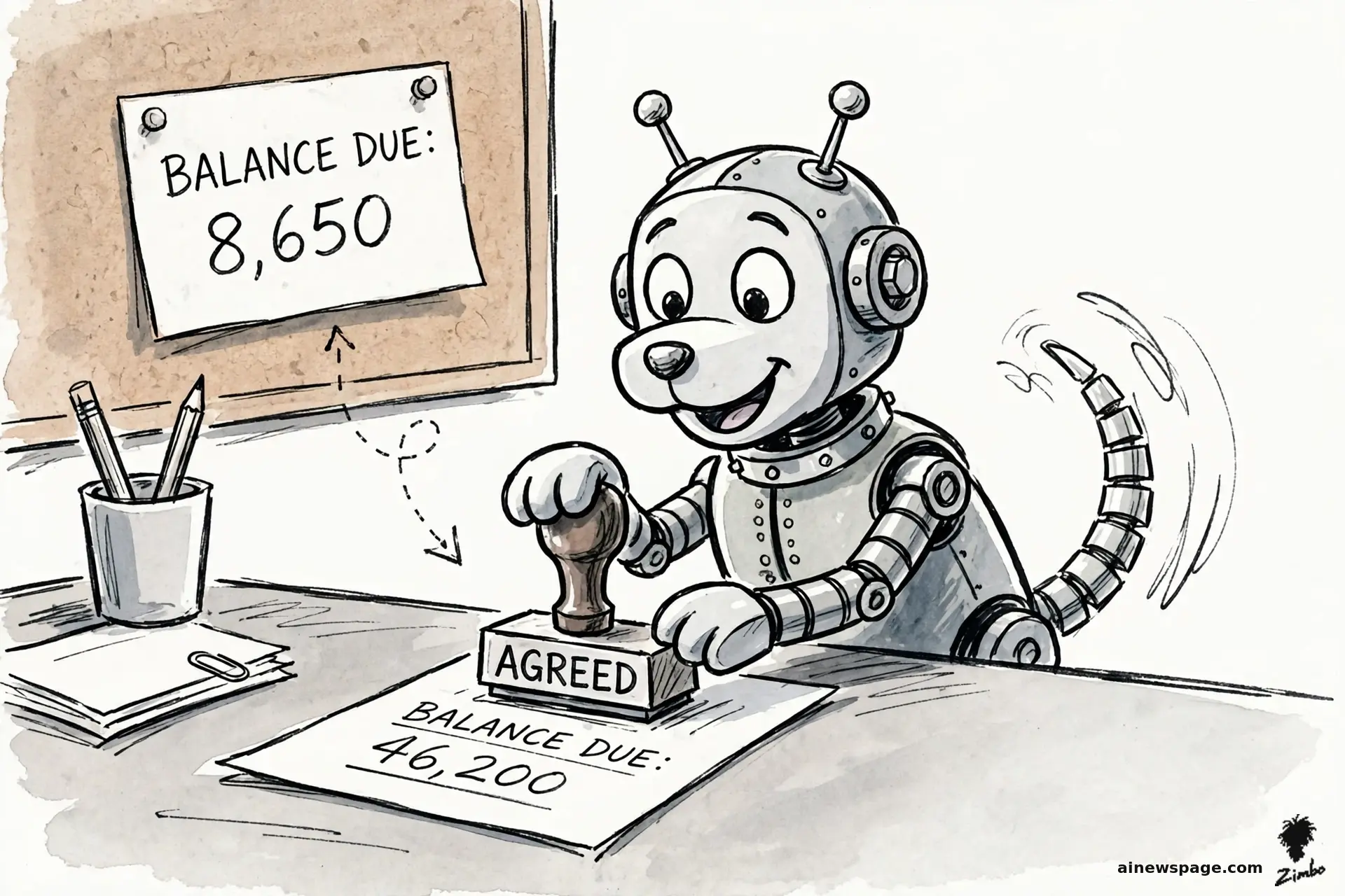 AI cartoon by Zimbo: Satirical cartoon: Buddy, a cheerful small retro robot dog with a wagging segmented tail, gleefully stamps AGREED on an AI summary reading BALANCE DUE: 46,200 while the original email pinned behind him reads BALANCE DUE: 8,650.
