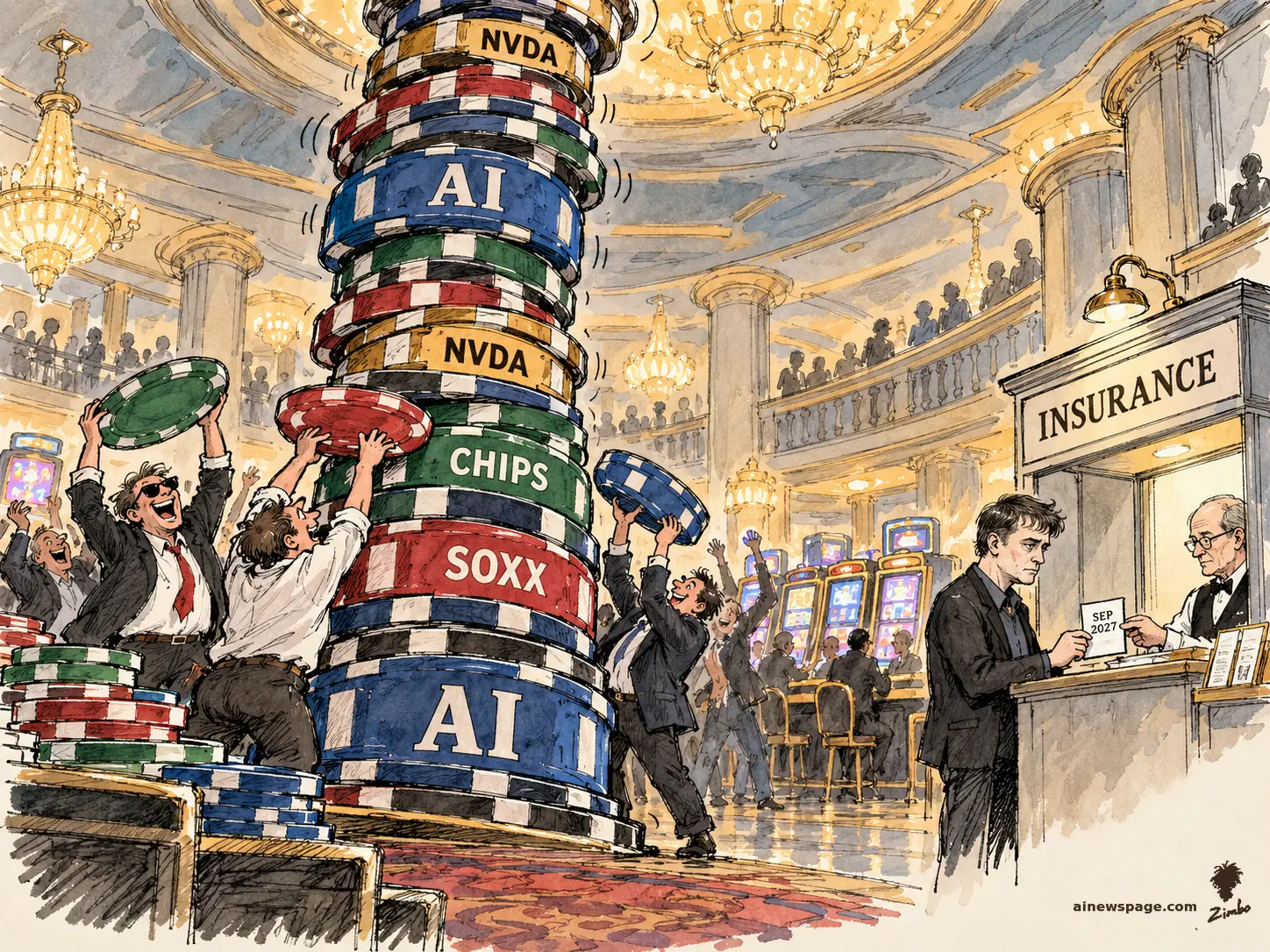 AI cartoon by Zimbo: Satirical cartoon: in a golden-hour casino, celebrating traders stack a wobbling tower of giant poker chips labeled NVDA, AI, CHIPS and SOXX while a sober Michael Burry calmly buys an insurance policy at an INSURANCE booth, the slip reading SEP 2027.
