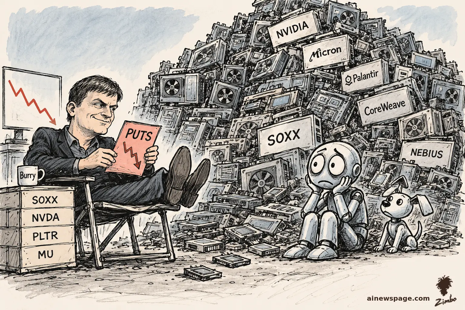 AI cartoon by Zimbo: Satirical cartoon: a smug trader lounges with his feet up holding a red 'PUTS' paper with a falling chart, beside a towering stockpile of chips labeled NVIDIA, Micron, Palantir, CoreWeave, SOXX and Nebius, while anxious Merv frets at its base.
