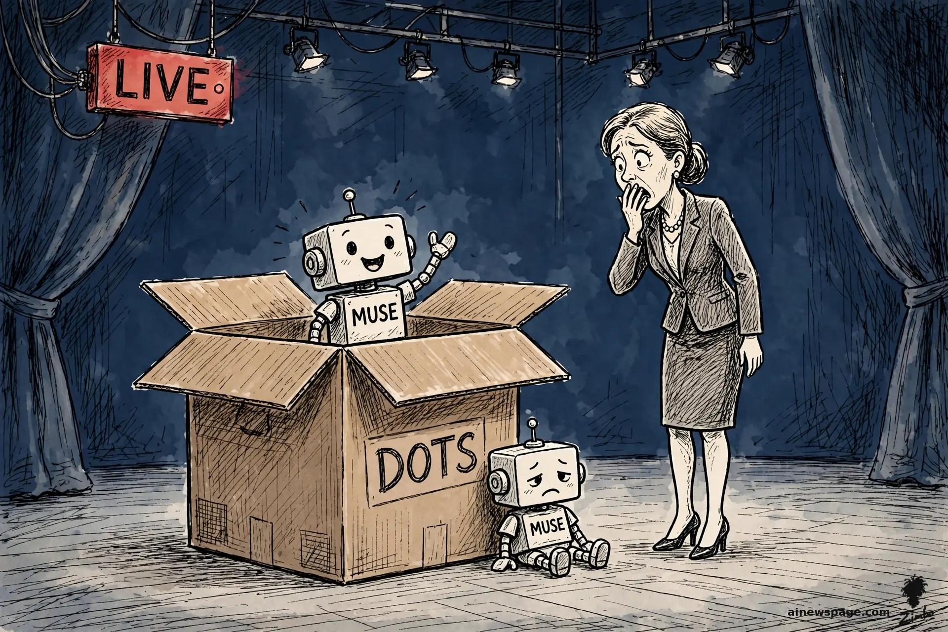 AI cartoon by Zimbo: On a live TV stage under a red LIVE sign, a big box labeled DOTS is opened to reveal a cheerful robot wearing a MUSE shirt waving, while the real Dots robot slumps outside the box, ignored.