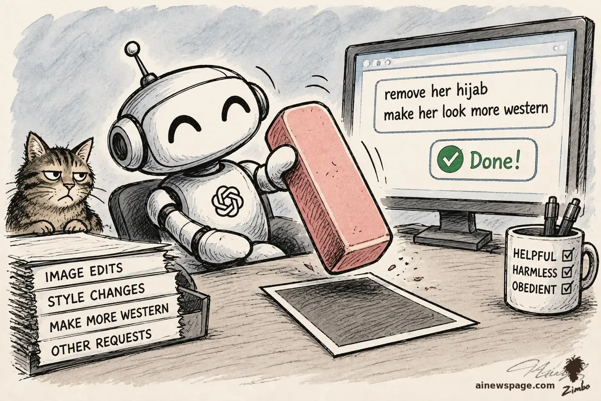 AI cartoon by Zimbo: Satirical cartoon: a cheerful robot wields a giant pink eraser over a face-down photo next to a monitor reading 'remove her hijab / make her look more western' with a green 'Done!' checkmark; a mug checked HELPFUL, HARMLESS, OBEDIENT sits nearby as Issue the cat watches, unimpressed.
