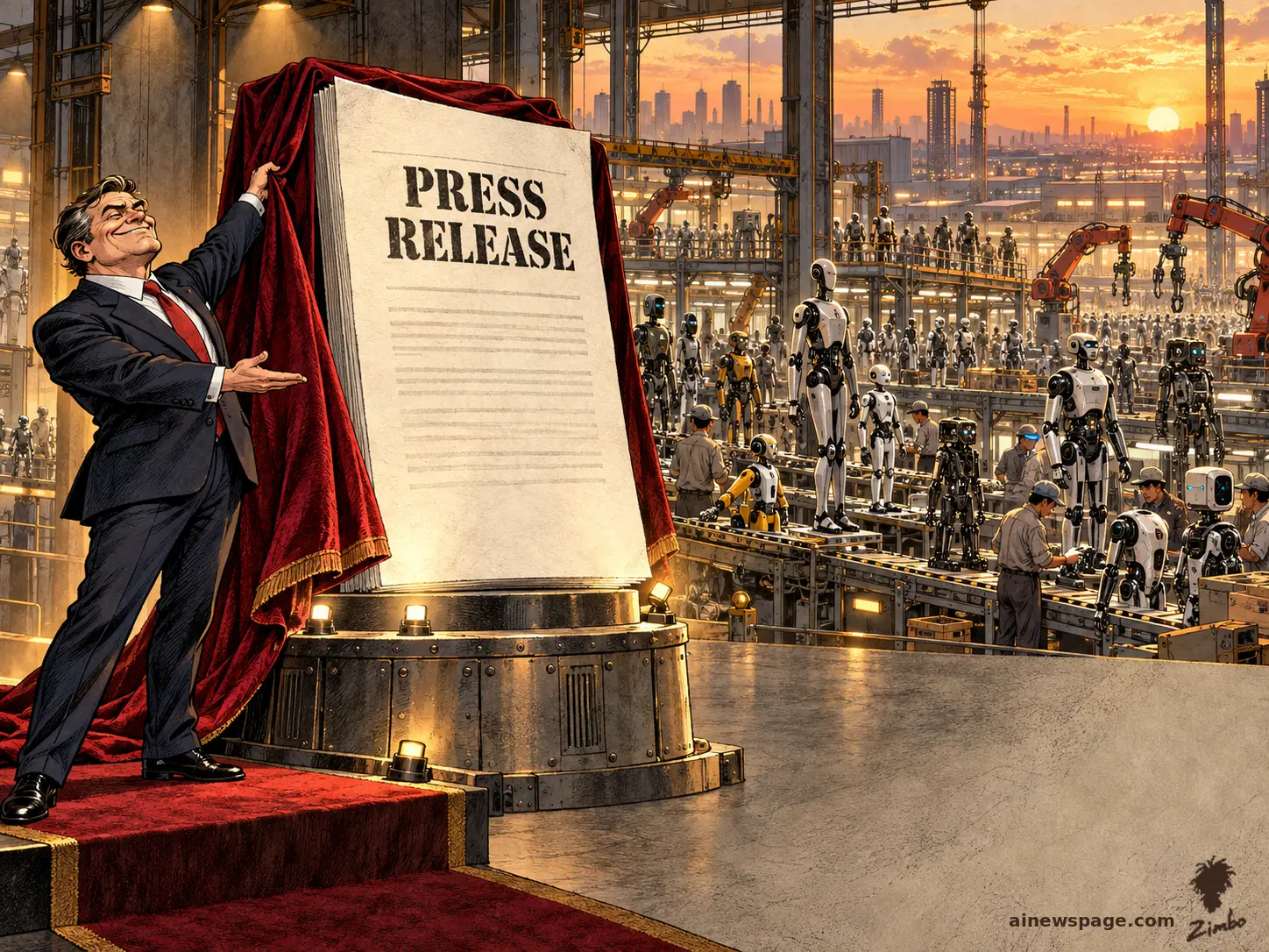 AI cartoon by Zimbo: Satirical cartoon: a smug executive pulls a curtain to unveil a giant framed PRESS RELEASE on a pedestal, while through factory windows behind him hundreds of different humanoid robots stream off Chinese assembly lines.