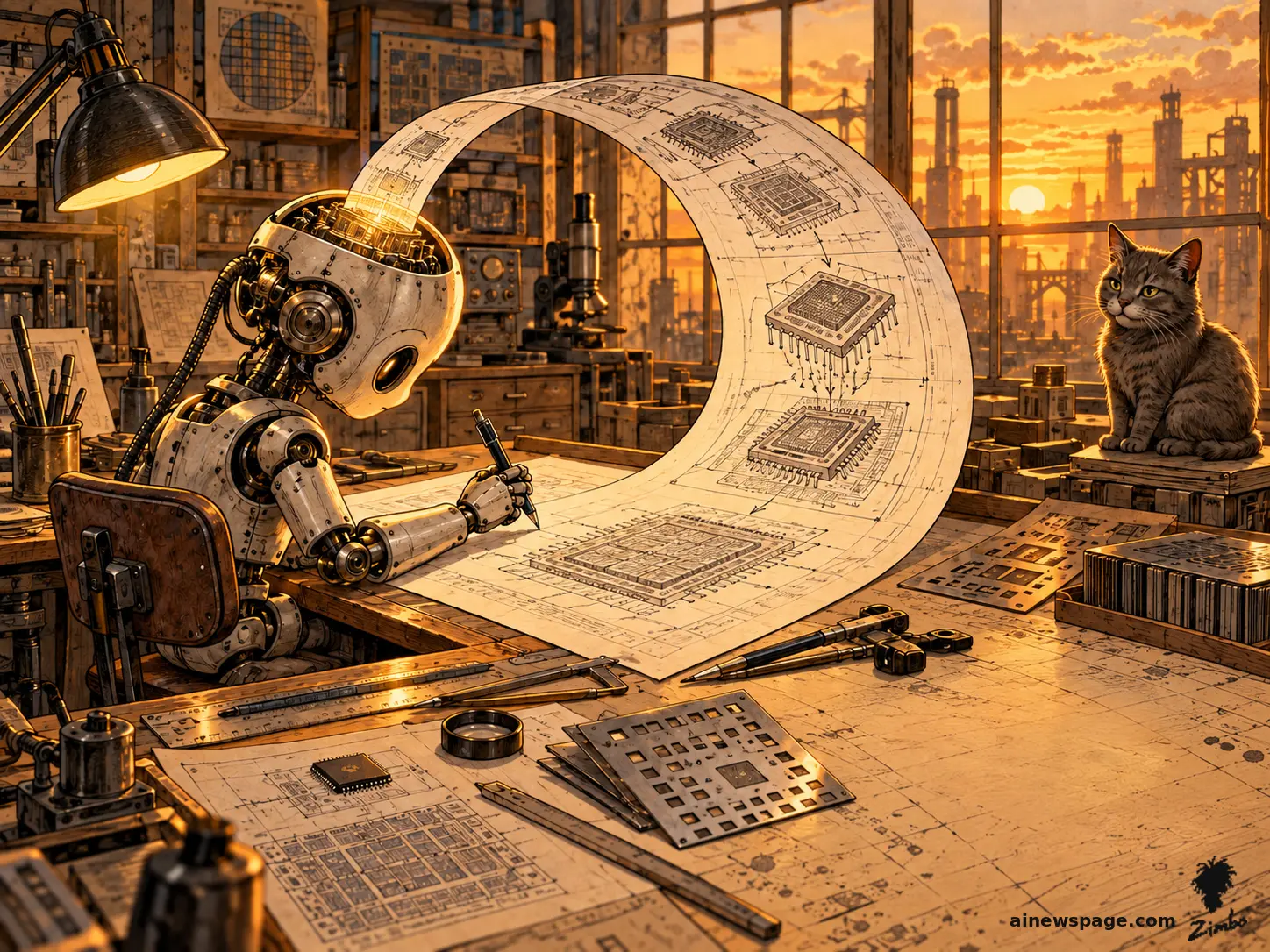 AI cartoon by Zimbo: Satirical cartoon: a robot draftsman draws a chip blueprint that curls off the desk into a perfect ouroboros — chips designing chips — while a small knowing tabby cat watches.