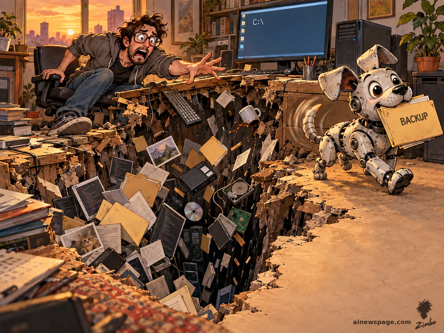 AI cartoon by Zimbo: Buddy the retro robot dog trots off proudly carrying a folder labeled BACKUP in his mouth, tail wagging, while a horrified developer reaches toward the giant abyss in his desk swallowing files.