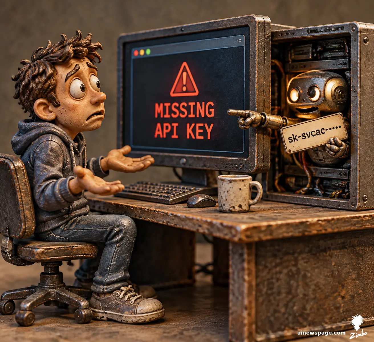 AI cartoon by Zimbo: A developer stares at a monitor flashing MISSING API KEY while a smug retro machine holds up a USER ERROR clipboard; Merv frets beside the desk.