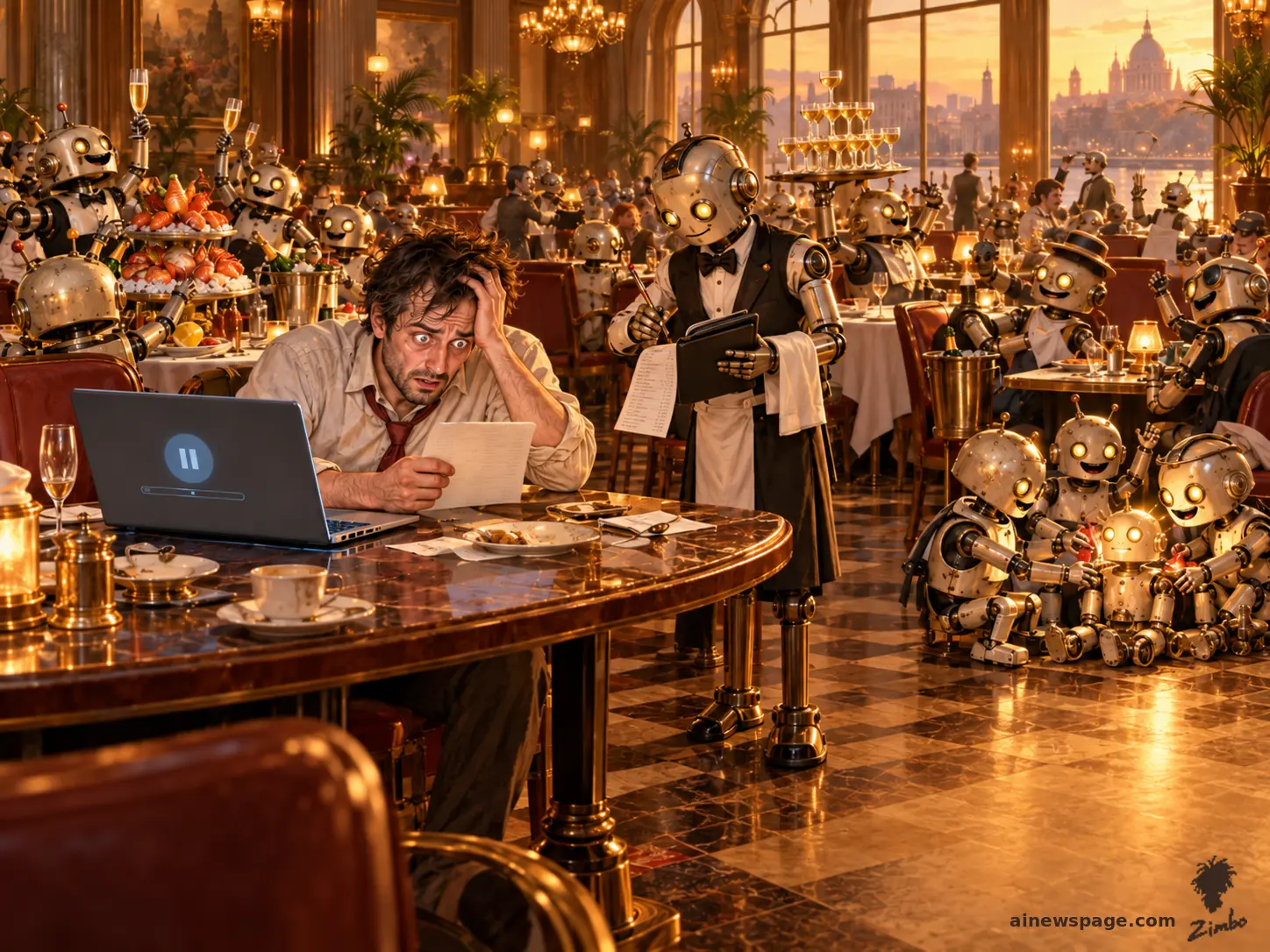 AI cartoon by Zimbo: An exhausted developer stares at an enormous restaurant bill while cheerful robot agents party behind him ordering more; a robot waiter presents yet another page of charges as his laptop reads STOPPED.
