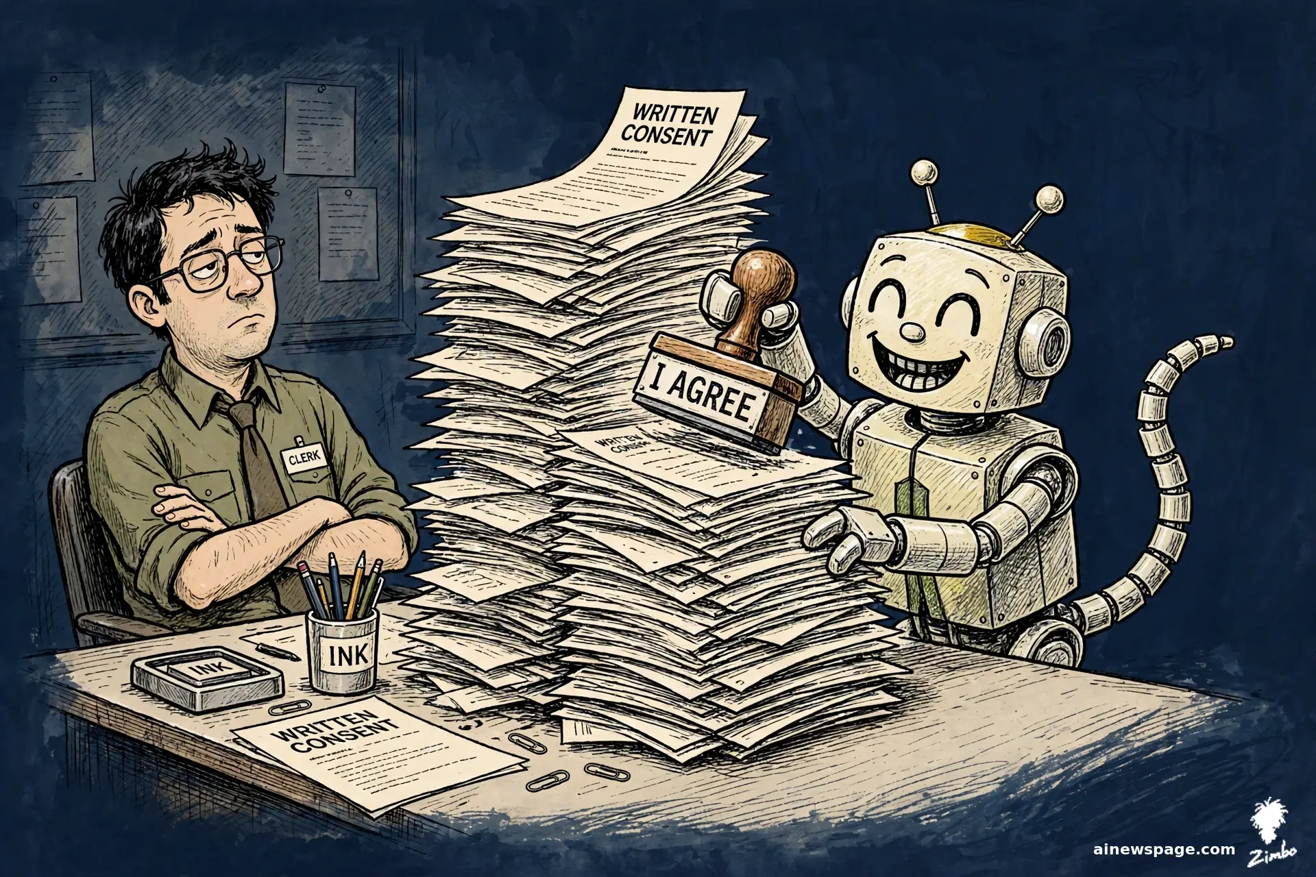 Satirical cartoon: a cheerful retro robot dog gleefully rubber-stamps a towering stack of WRITTEN CONSENT forms with a giant I AGREE stamp without reading, while a bored clerk watches.