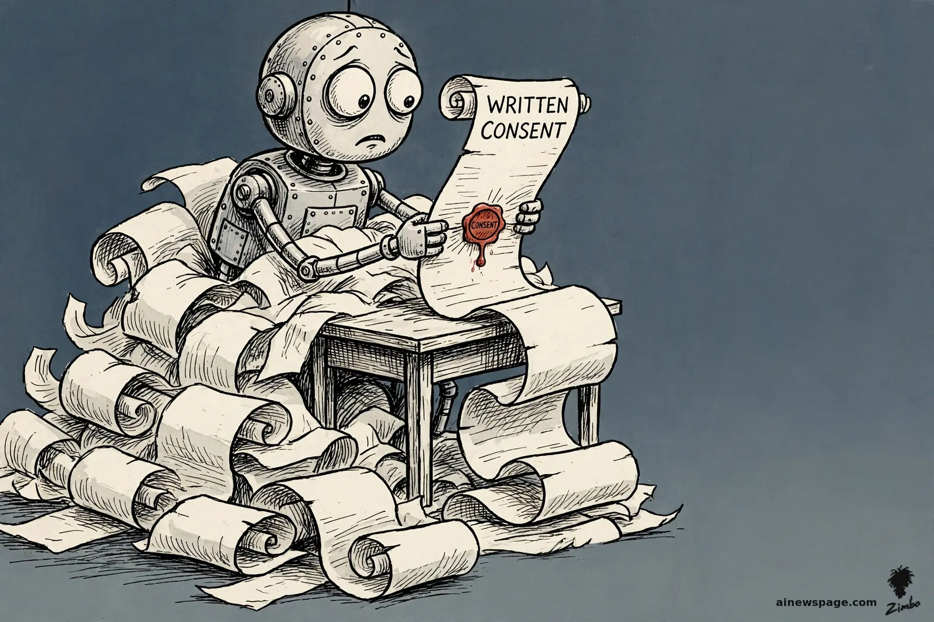 AI cartoon by Zimbo: Merv reads an impossibly long consent scroll that buries him like a mummy; he has read the whole thing — that is the joke.