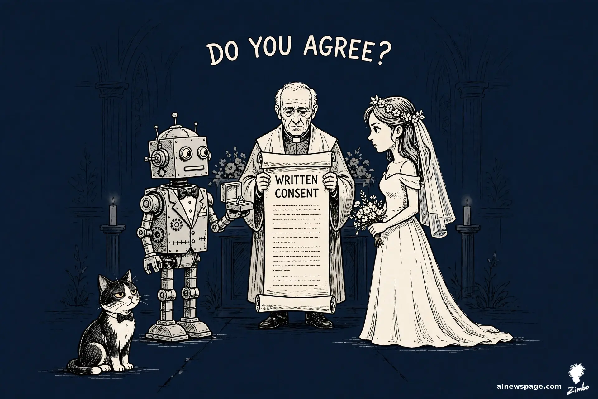AI cartoon by Zimbo: A robot and a human exchange wedding vows before an officiant holding a terms-of-service book: TILL DEATH OR UNINSTALL DO YOU PART.