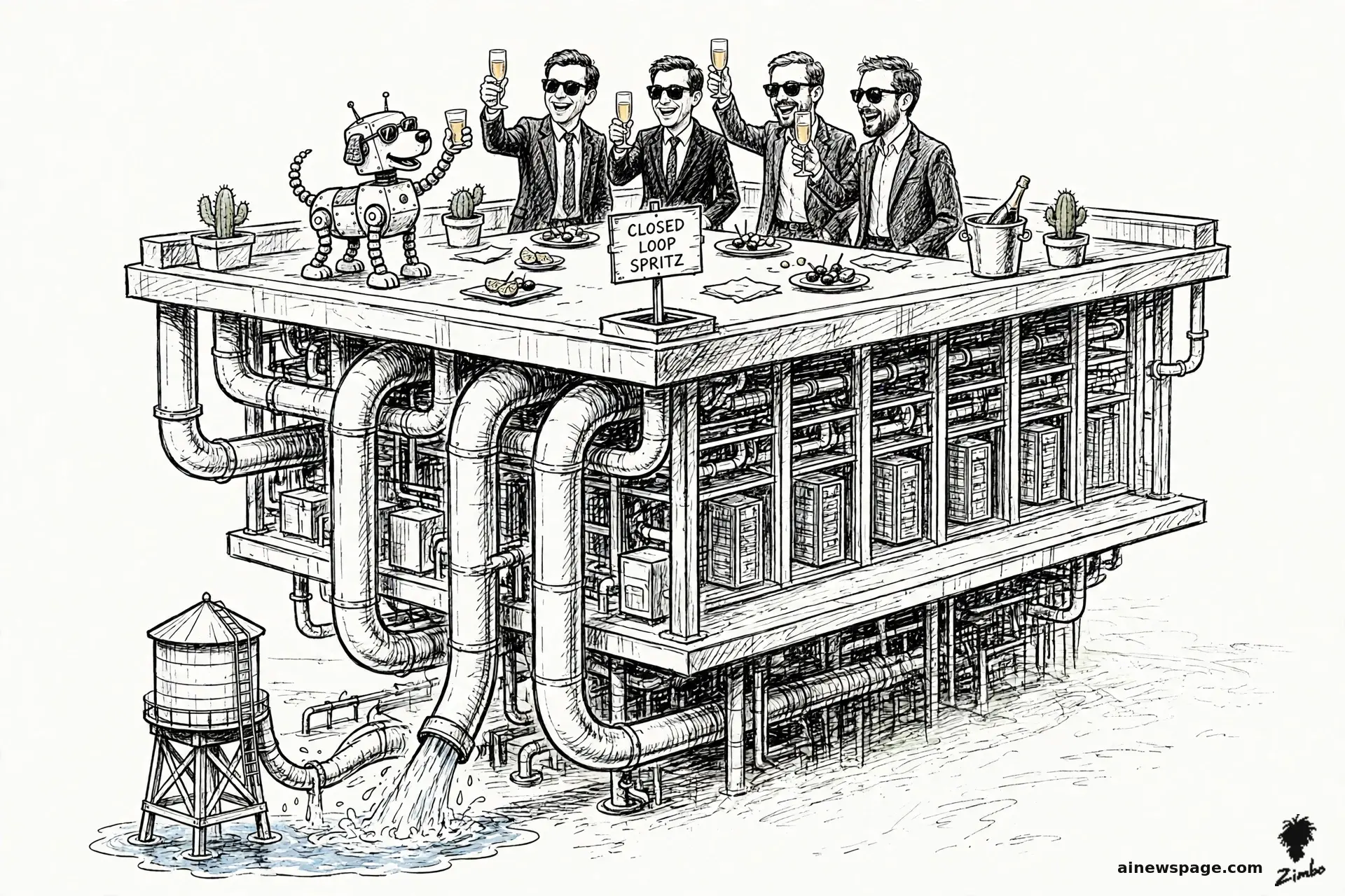 AI cartoon by Zimbo: Champagne glasses clink above a data center while below, a water bill swells; a robot dog in shades lounges by the pool of cooling water.